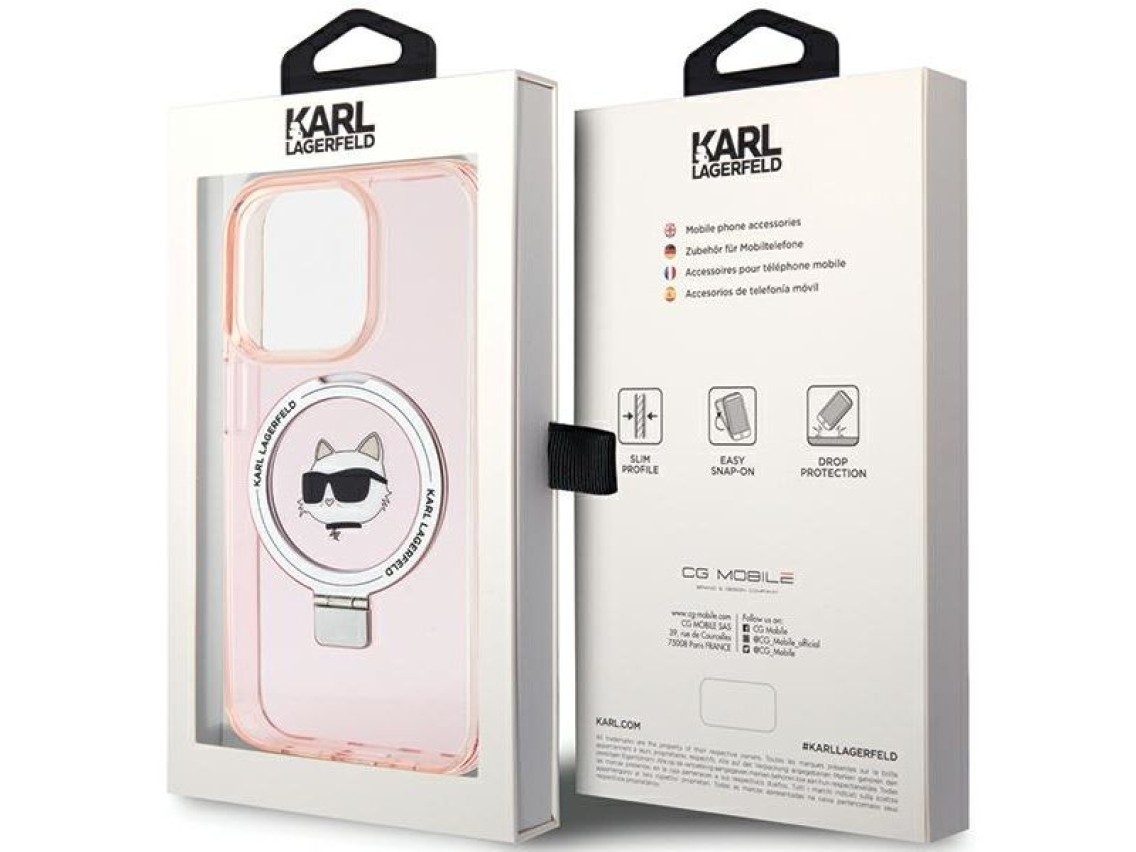 Capa rígida rosa/rosa Karl Lagerfeld KLHMP15XHMRSCHP para iPhone 15 Pro Max 6.7" com suporte de anel