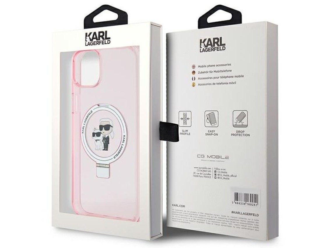 Karl Lagerfeld KLHMP15SHMRSKCP iPhone 15 6.1" rosa/rosa anel suporte Karl&Choupette MagSafe