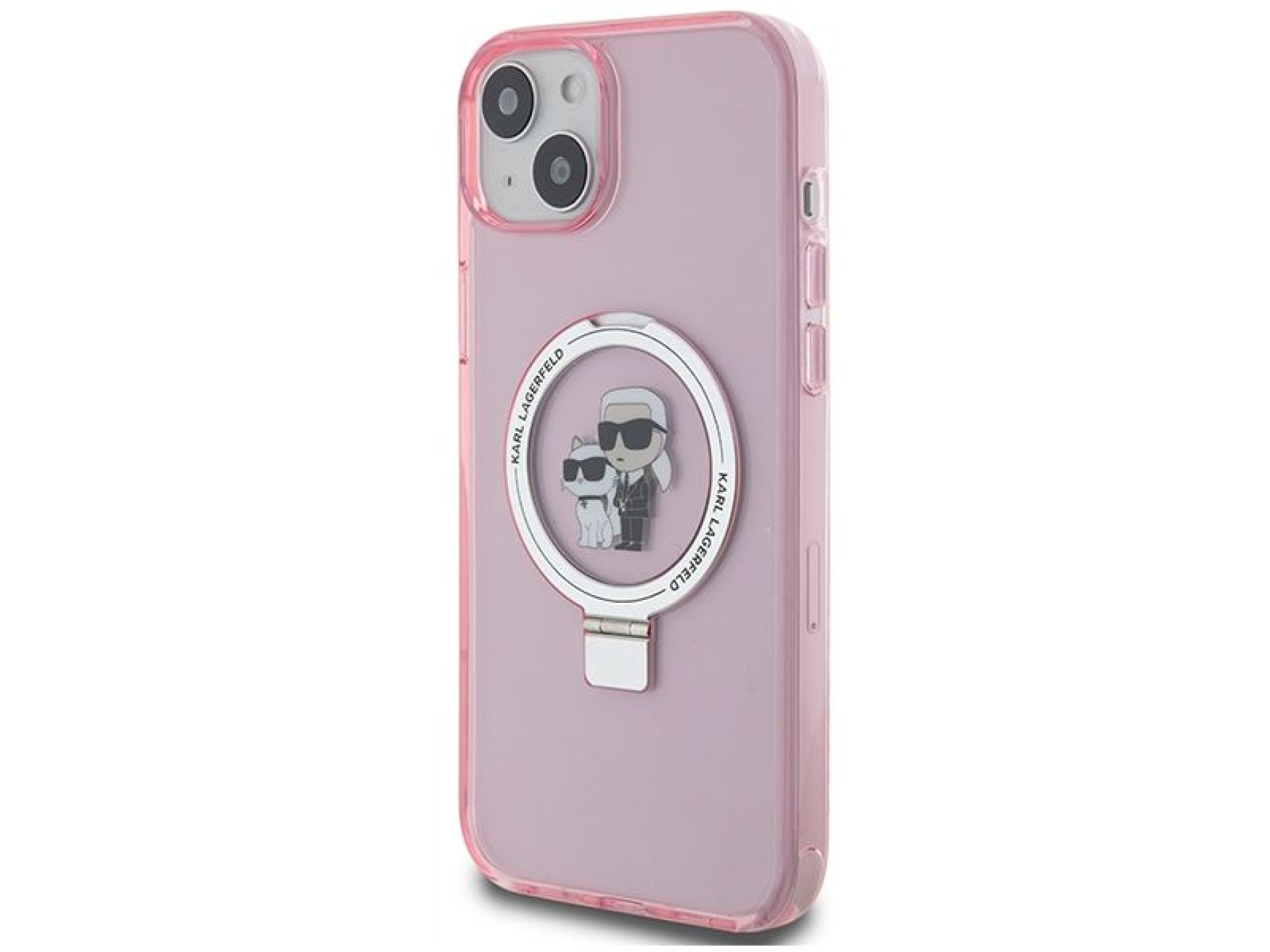 Suporte de anel Karl Lagerfeld, capa MagSafe Karl&Choupette para iPhone 15 Plus - rosa