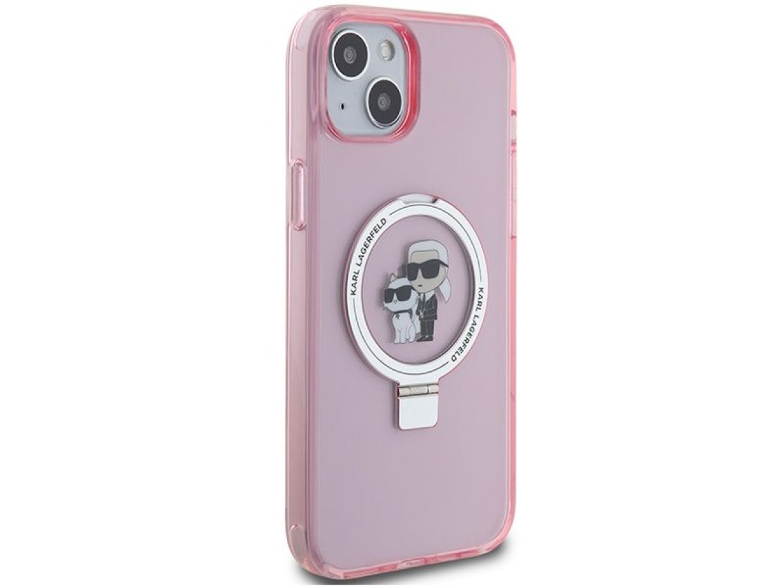 Suporte de anel Karl Lagerfeld, capa MagSafe Karl&Choupette para iPhone 15 Plus - rosa