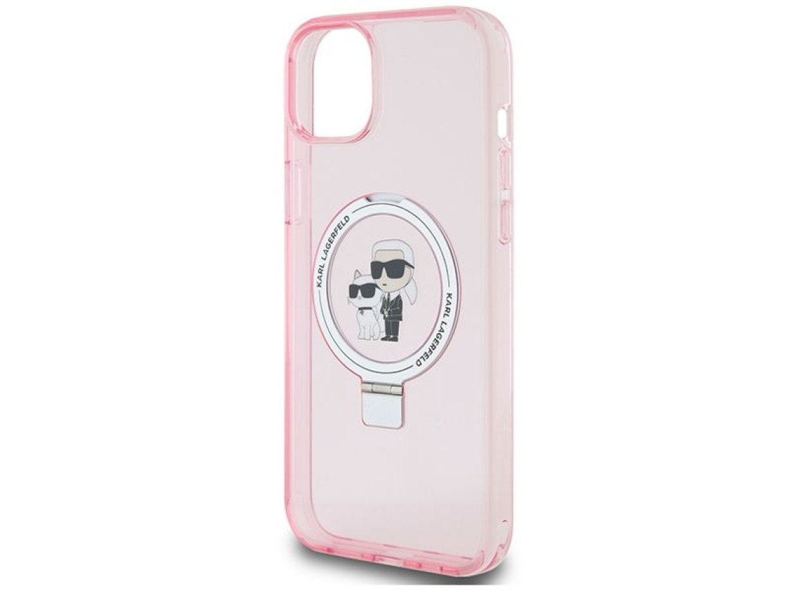 Suporte de anel Karl Lagerfeld, capa MagSafe Karl&Choupette para iPhone 15 Plus - rosa