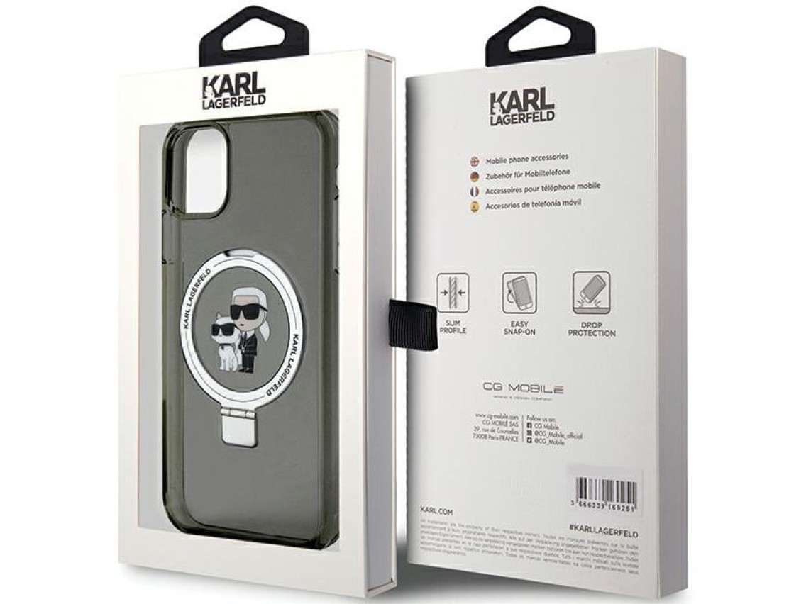 Suporte de anel Karl Lagerfeld, capa MagSafe Karl&Choupette para iPhone 11/Xr - preta