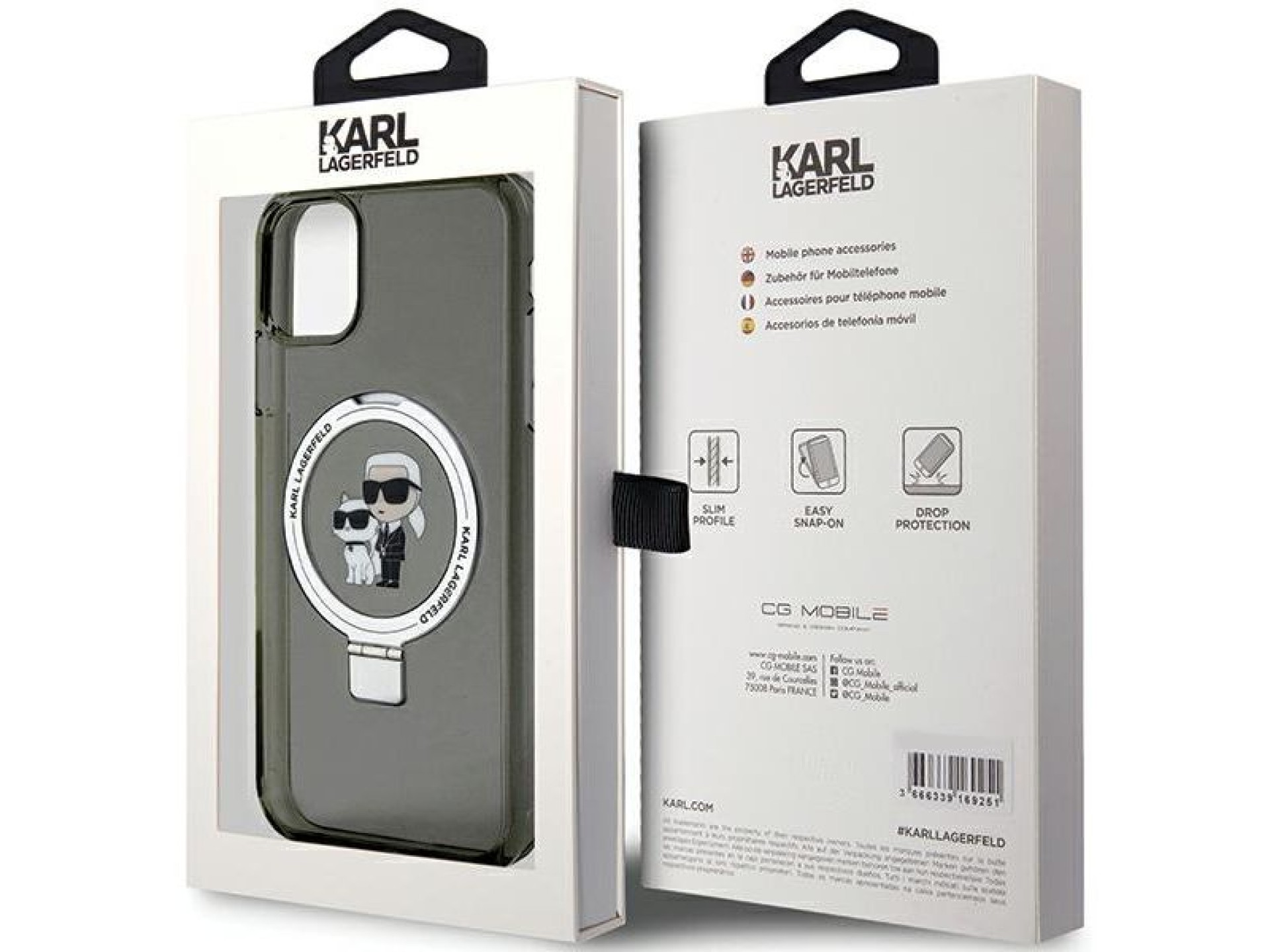 Suporte de anel Karl Lagerfeld, capa MagSafe Karl&Choupette para iPhone 11/Xr - preta