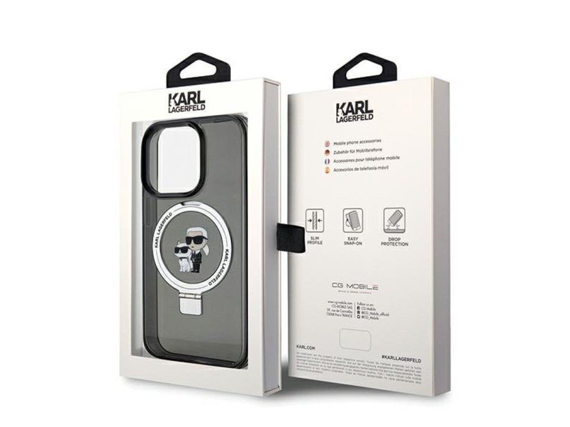Suporte de anel Karl Lagerfeld, capa MagSafe Karl&Choupette para iPhone 14 Pro - preta