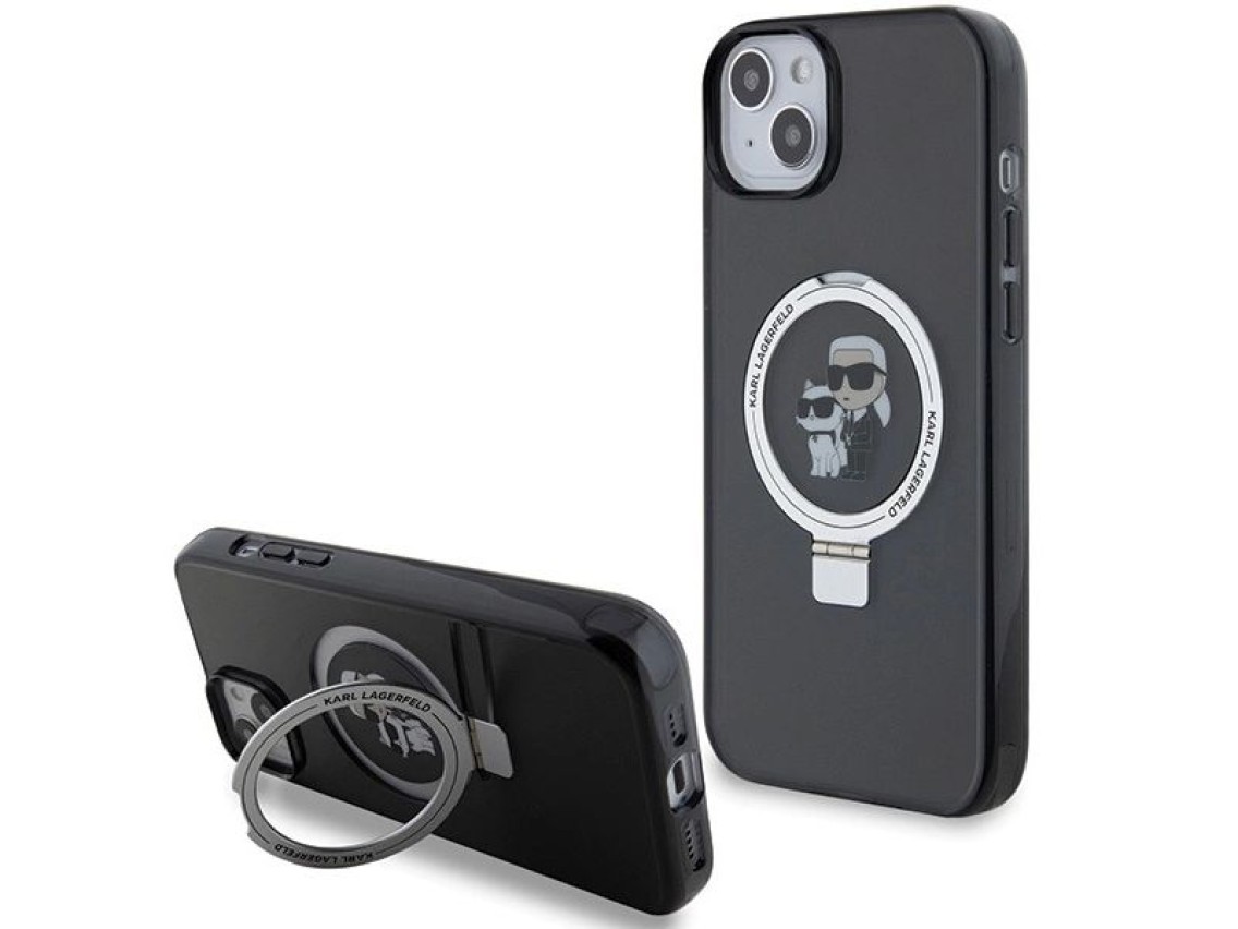 Capa rígida preta/preta Karl Lagerfeld KLHMP15SHMRSKCK para iPhone 15 de 6,1" com suporte de anel Ka