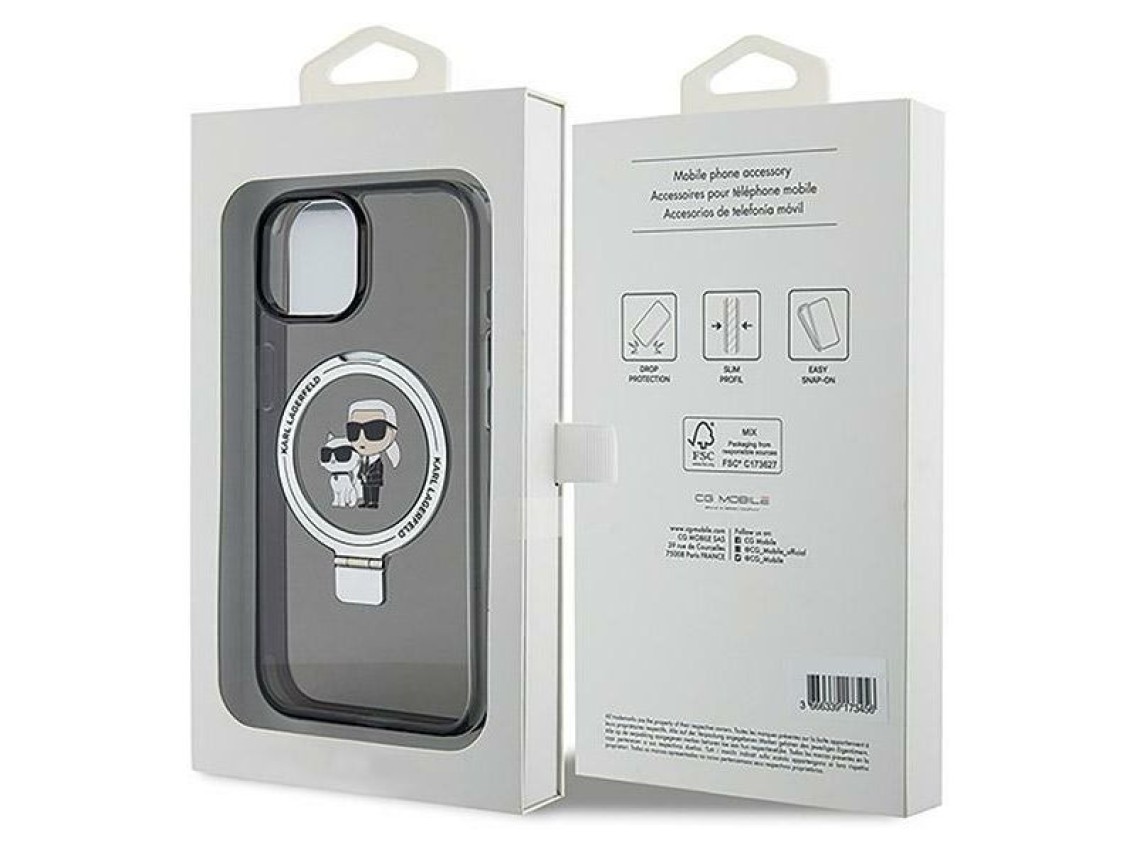 Capa rígida preta/preta Karl Lagerfeld KLHMP15SHMRSKCK para iPhone 15 de 6,1" com suporte de anel Ka