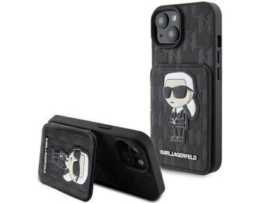 Capa Karl Lagerfeld Saffiano Cardslots and Stand Monogram Ikonik Patch para iPhone 15 - preta Capa Karl Lagerfeld Saffiano Cardslots and Stand Monogram Ikonik Patch para iPhone 15 - preta