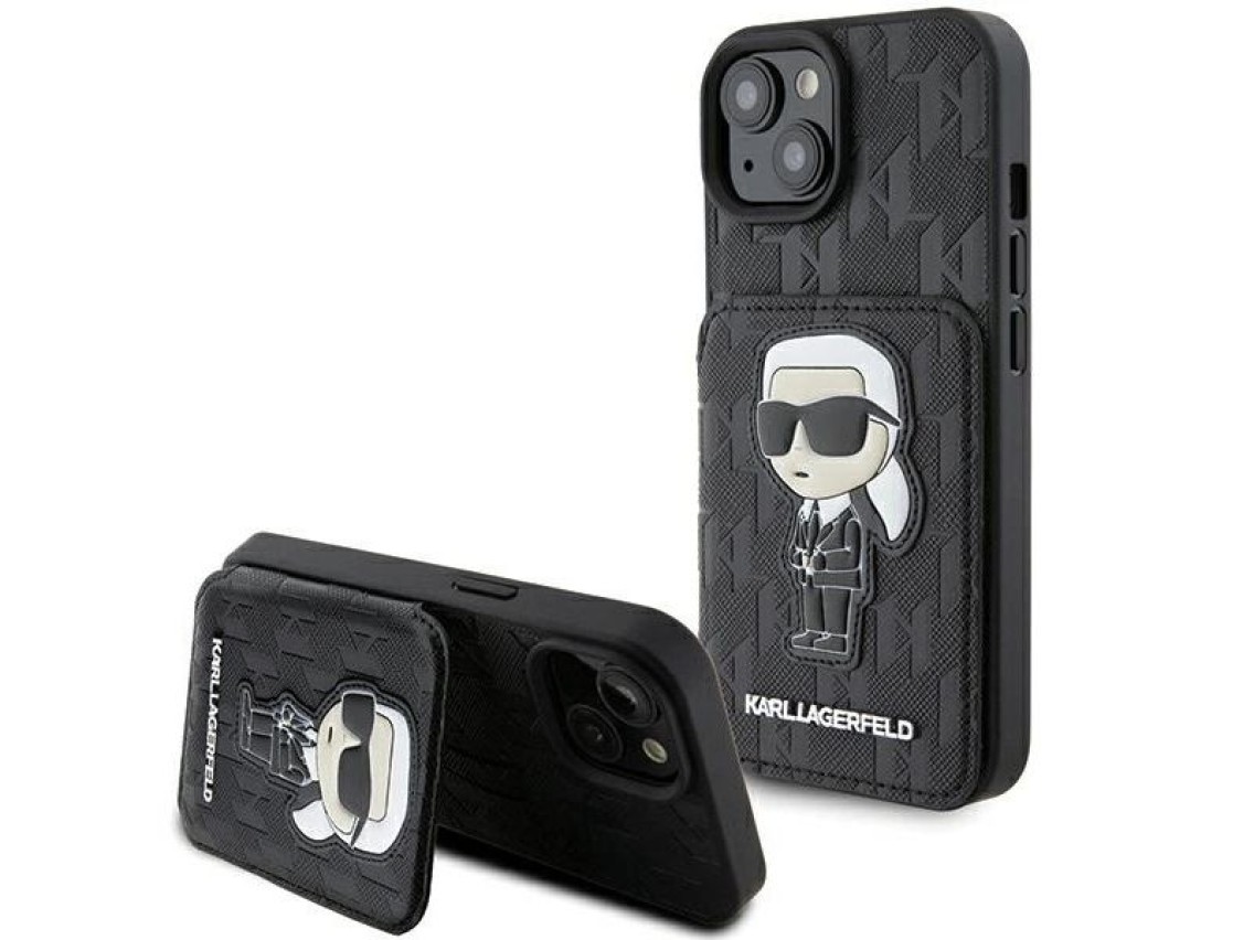 Karl Lagerfeld Saffiano Cardslots and Stand Monogram Ikonik Patch case for iPhone 15 - black