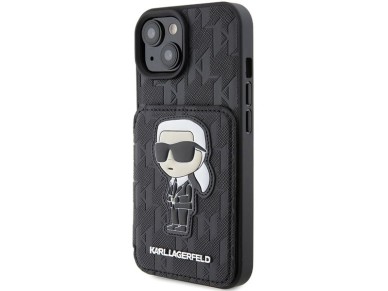 Capa Karl Lagerfeld Saffiano Cardslots and Stand Monogram Ikonik Patch para iPhone 15 - preta Capa Karl Lagerfeld Saffiano Cardslots and Stand Monogram Ikonik Patch para iPhone 15 - preta