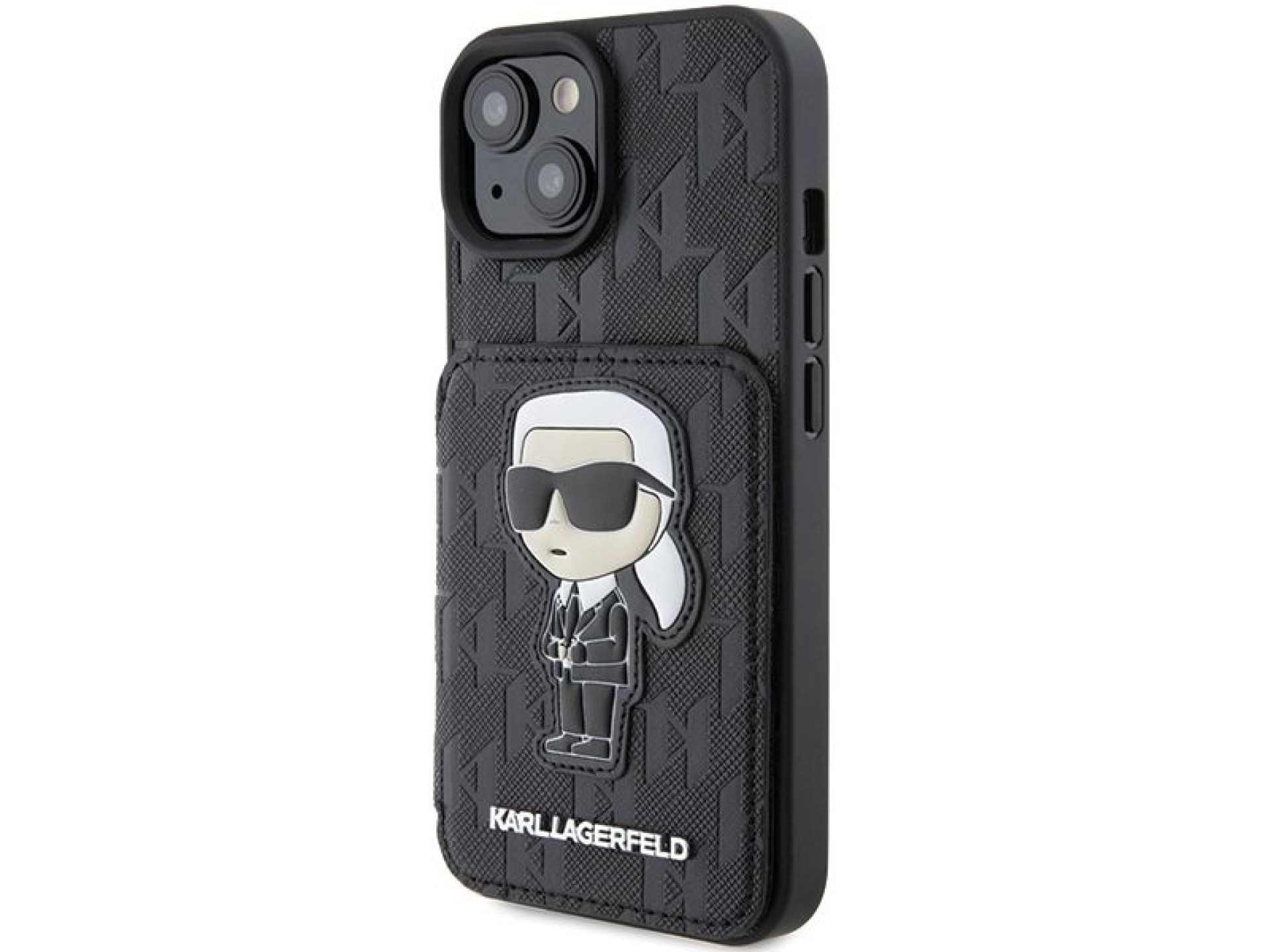Karl Lagerfeld Saffiano Cardslots and Stand Monogram Ikonik Patch case for iPhone 15 - black