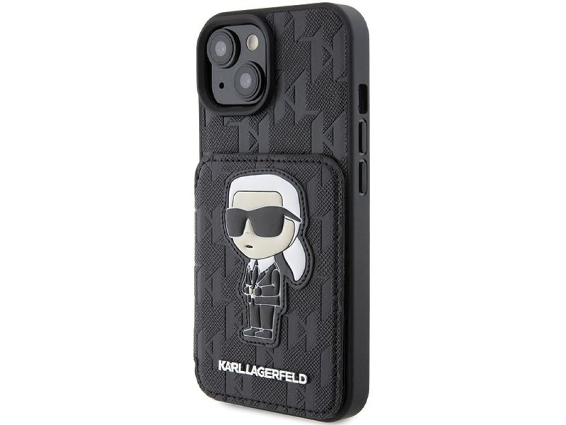 Karl Lagerfeld Saffiano Cardslots and Stand Monogram Ikonik Patch case for iPhone 15 - black