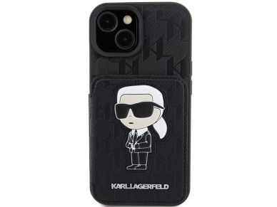 Capa Karl Lagerfeld Saffiano Cardslots and Stand Monogram Ikonik Patch para iPhone 15 - preta Capa Karl Lagerfeld Saffiano Cardslots and Stand Monogram Ikonik Patch para iPhone 15 - preta