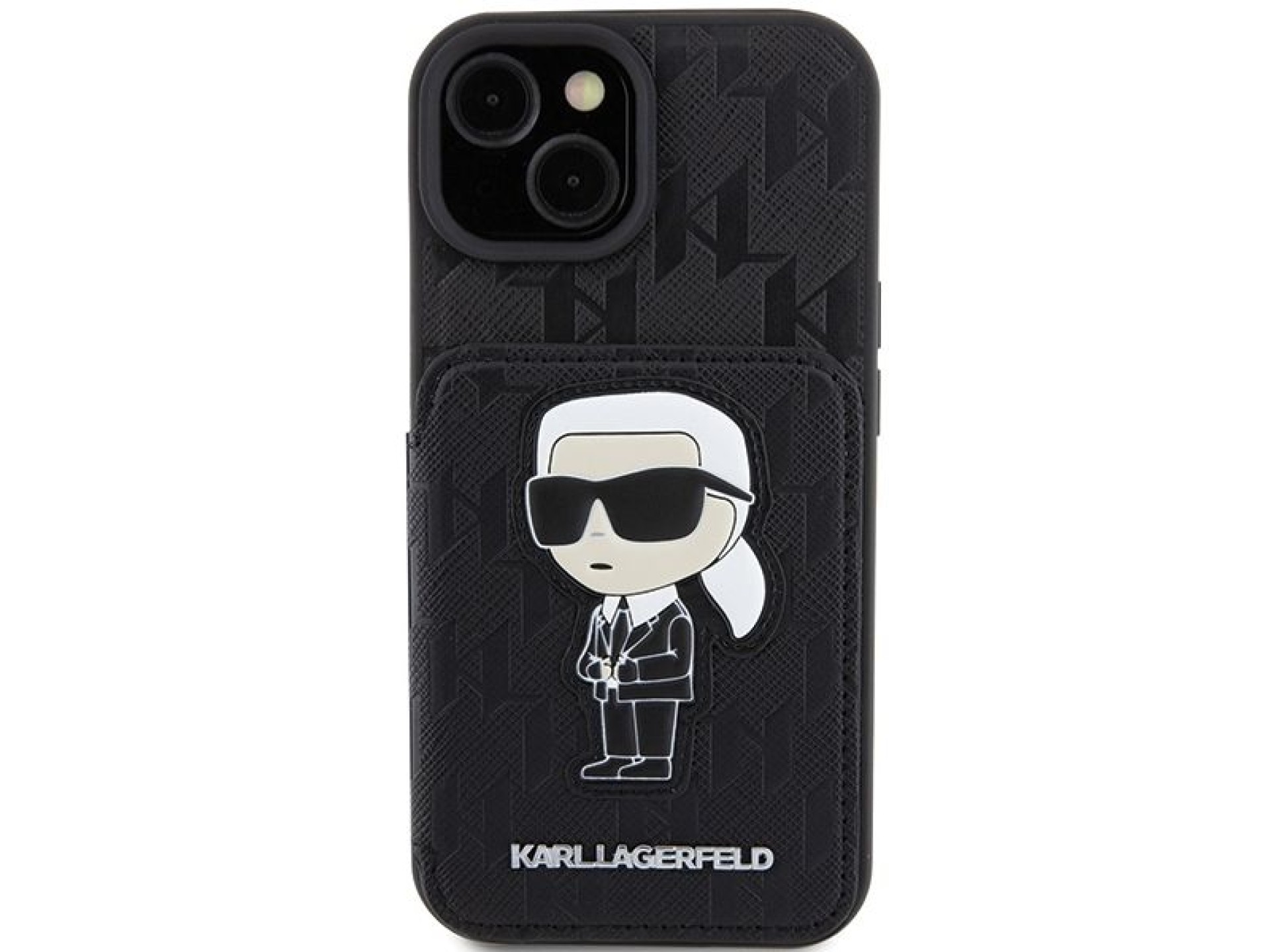 Karl Lagerfeld Saffiano Cardslots and Stand Monogram Ikonik Patch case for iPhone 15 - black