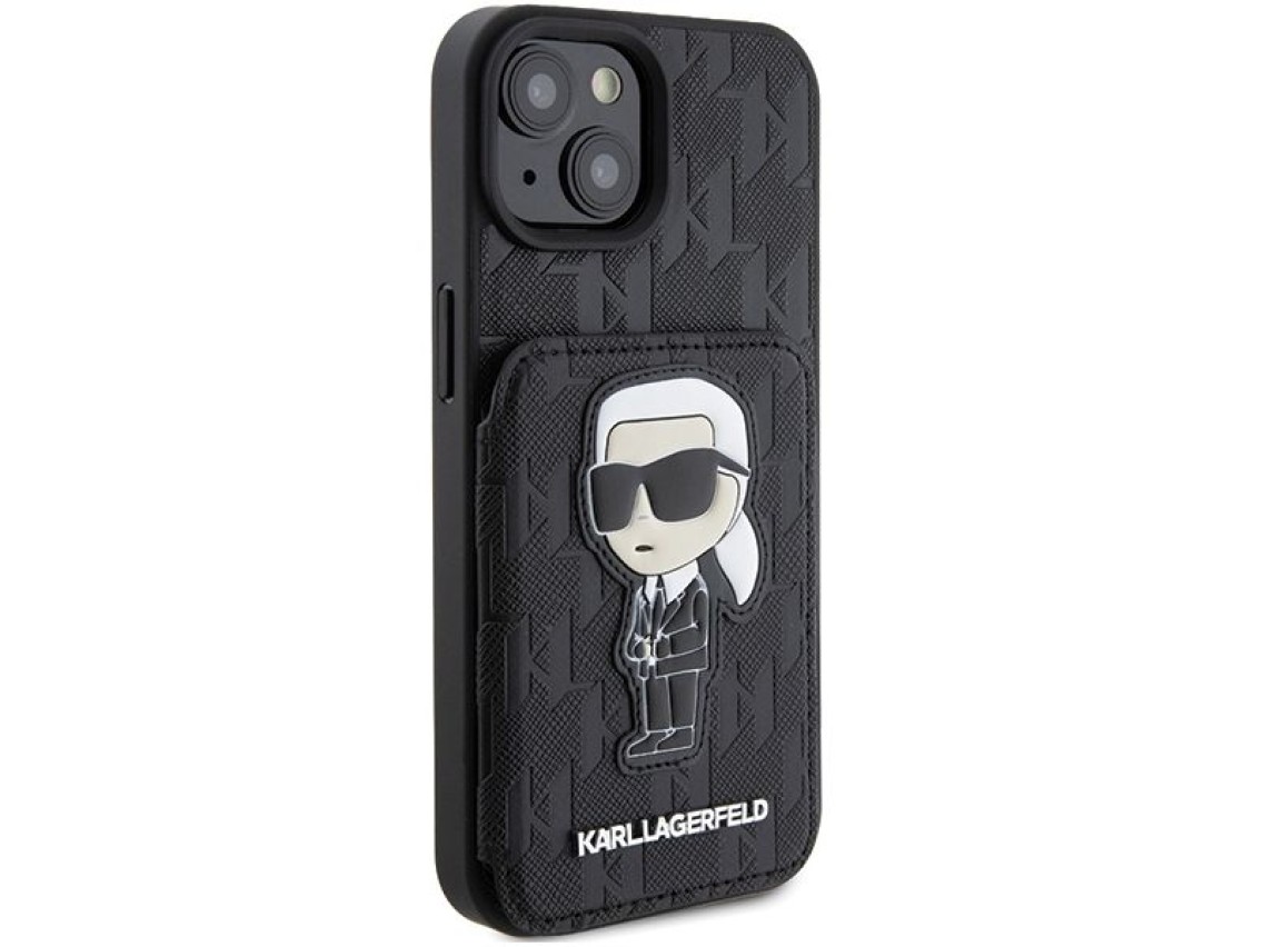 Karl Lagerfeld Saffiano Cardslots and Stand Monogram Ikonik Patch case for iPhone 15 - black