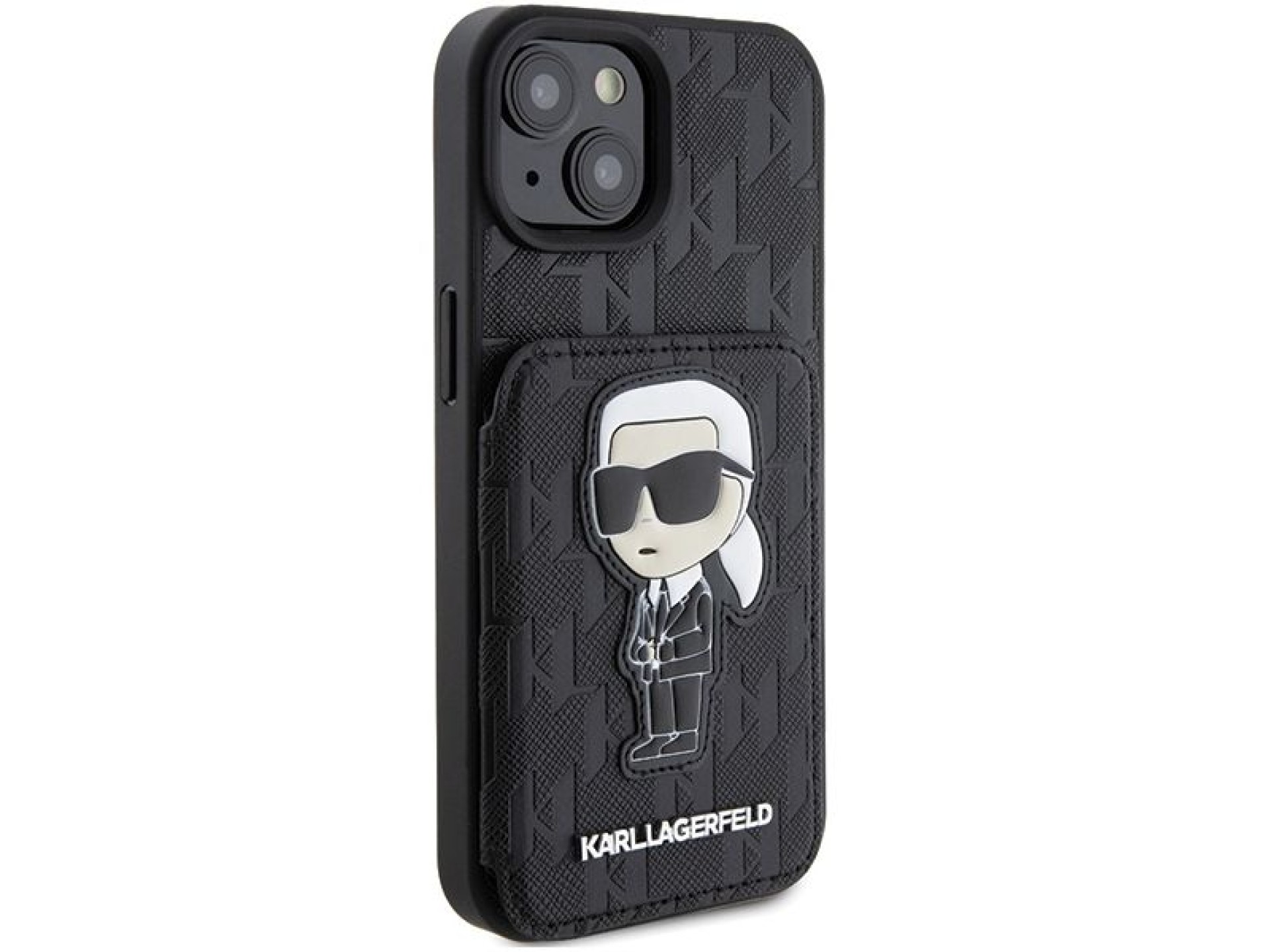 Karl Lagerfeld Saffiano Cardslots and Stand Monogram Ikonik Patch case for iPhone 15 - black