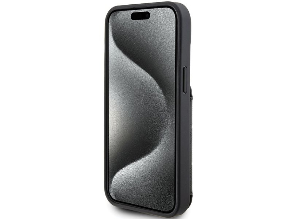 Karl Lagerfeld Saffiano Cardslots and Stand Monogram Ikonik Patch case for iPhone 15 - black