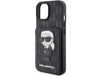 Capa Karl Lagerfeld Saffiano Cardslots and Stand Monogram Ikonik Patch para iPhone 15 - preta Capa Karl Lagerfeld Saffiano Cardslots and Stand Monogram Ikonik Patch para iPhone 15 - preta