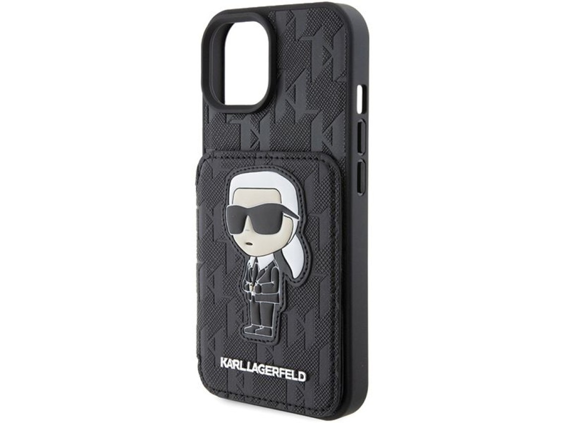 Karl Lagerfeld Saffiano Cardslots and Stand Monogram Ikonik Patch case for iPhone 15 - black