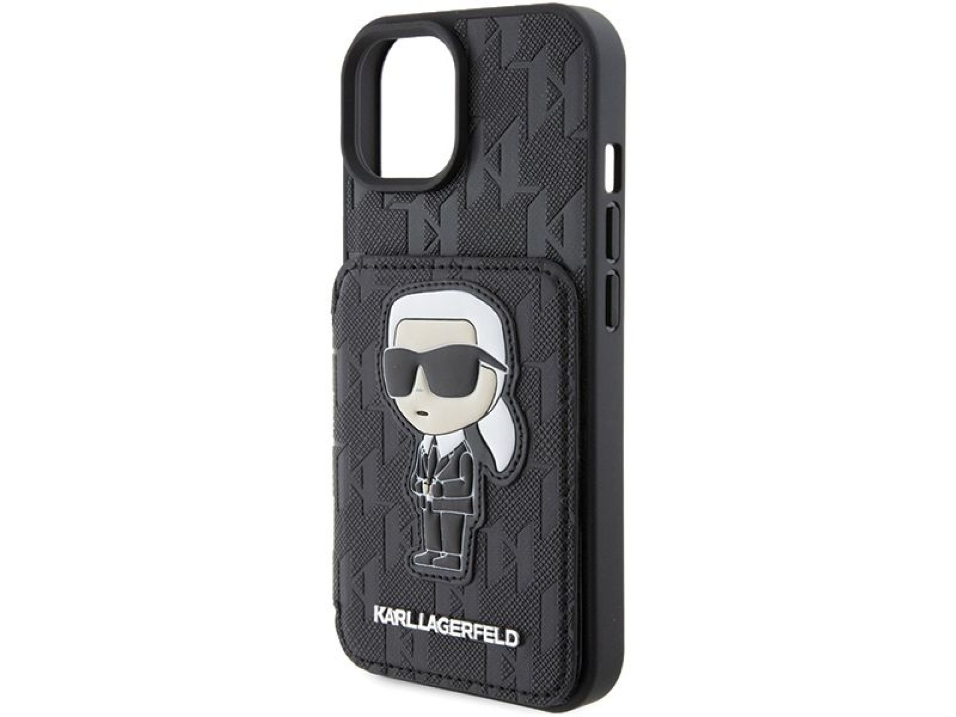 Karl Lagerfeld Saffiano Cardslots and Stand Monogram Ikonik Patch case for iPhone 15 - black