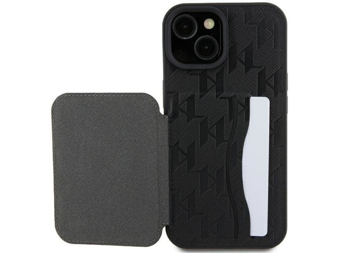 Karl Lagerfeld Saffiano Cardslots and Stand Monogram Ikonik Patch case for iPhone 15 - black