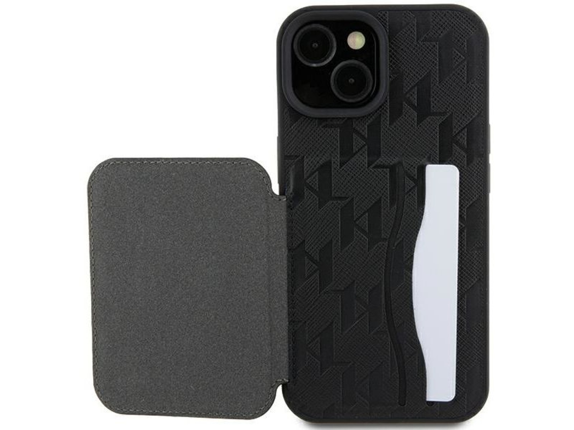 Karl Lagerfeld Saffiano Cardslots and Stand Monogram Ikonik Patch case for iPhone 15 - black