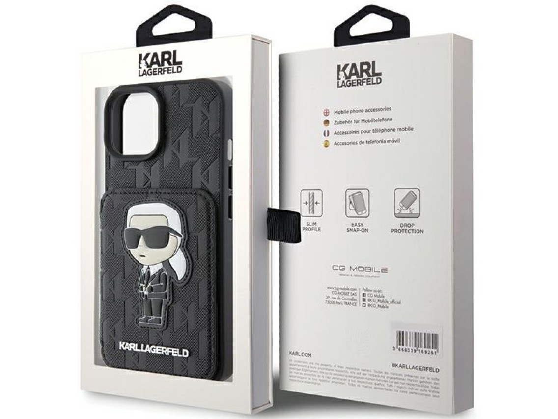Karl Lagerfeld Saffiano Cardslots and Stand Monogram Ikonik Patch case for iPhone 15 - black