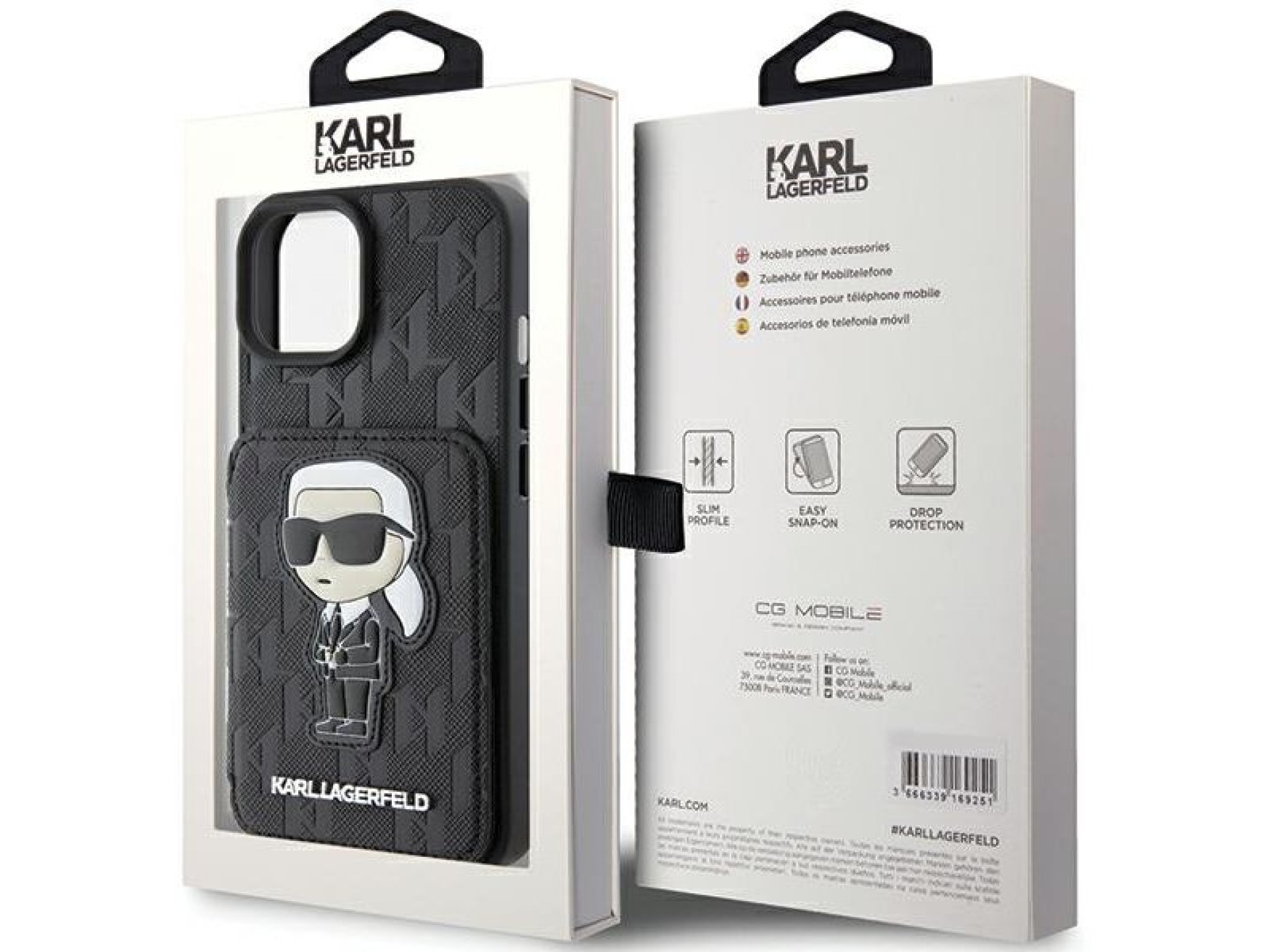 Karl Lagerfeld Saffiano Cardslots and Stand Monogram Ikonik Patch case for iPhone 15 - black