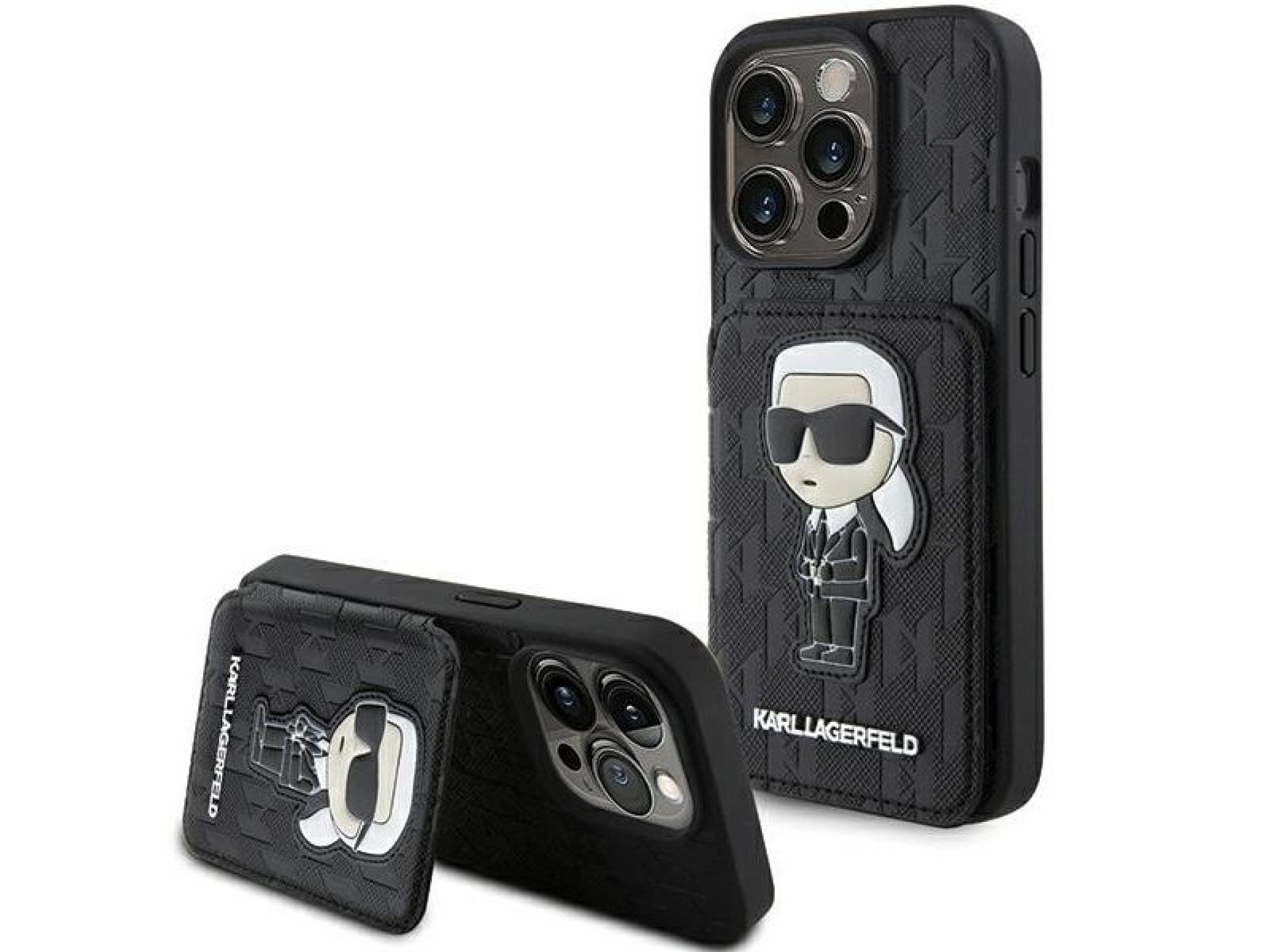 Capa Karl Lagerfeld Saffiano Cardslots and Stand Monogram Ikonik Patch para iPhone 15 Pro - preta