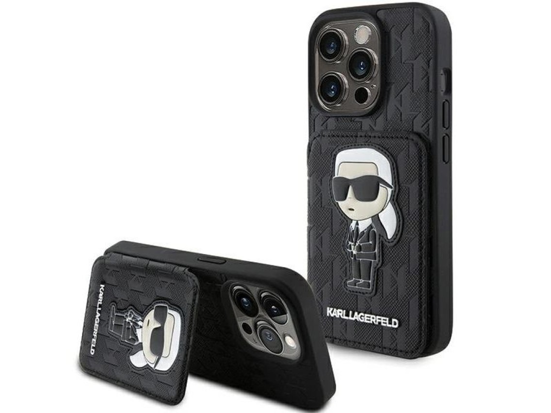 Capa Karl Lagerfeld Saffiano Cardslots and Stand Monogram Ikonik Patch para iPhone 15 Pro - preta