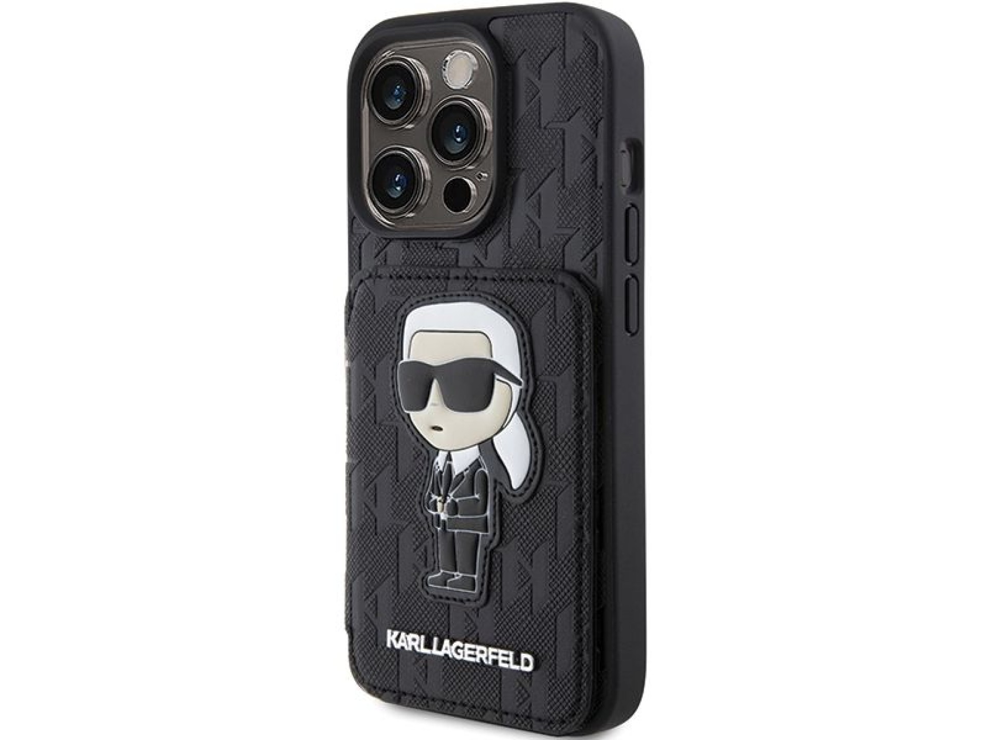 Capa Karl Lagerfeld Saffiano Cardslots and Stand Monogram Ikonik Patch para iPhone 15 Pro - preta
