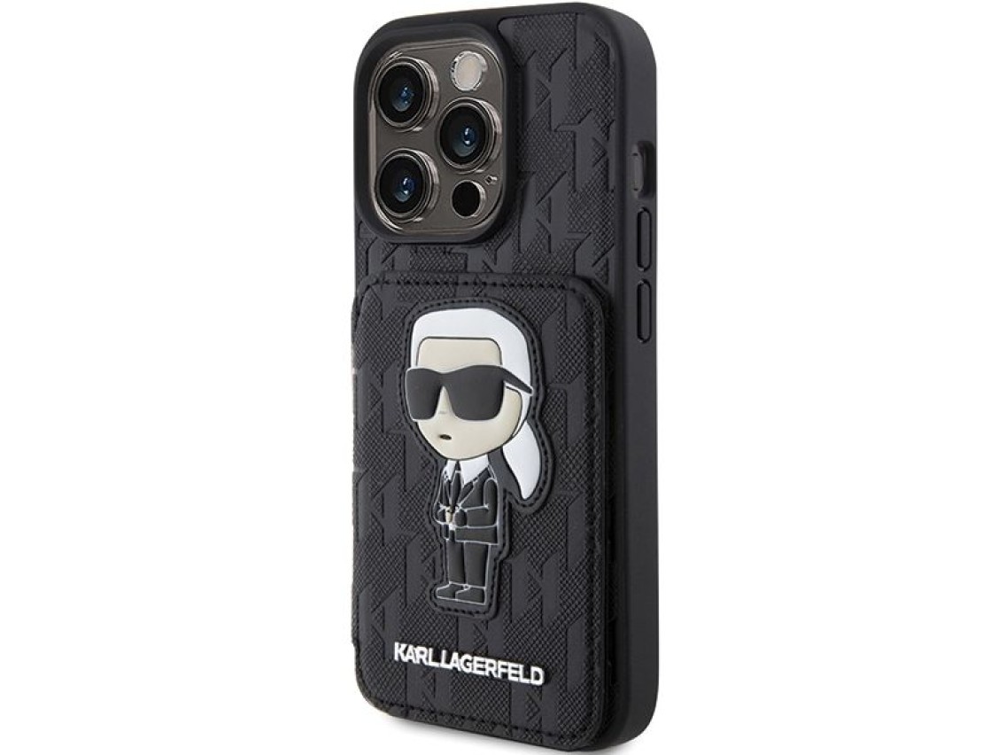 Capa Karl Lagerfeld Saffiano Cardslots and Stand Monogram Ikonik Patch para iPhone 15 Pro - preta