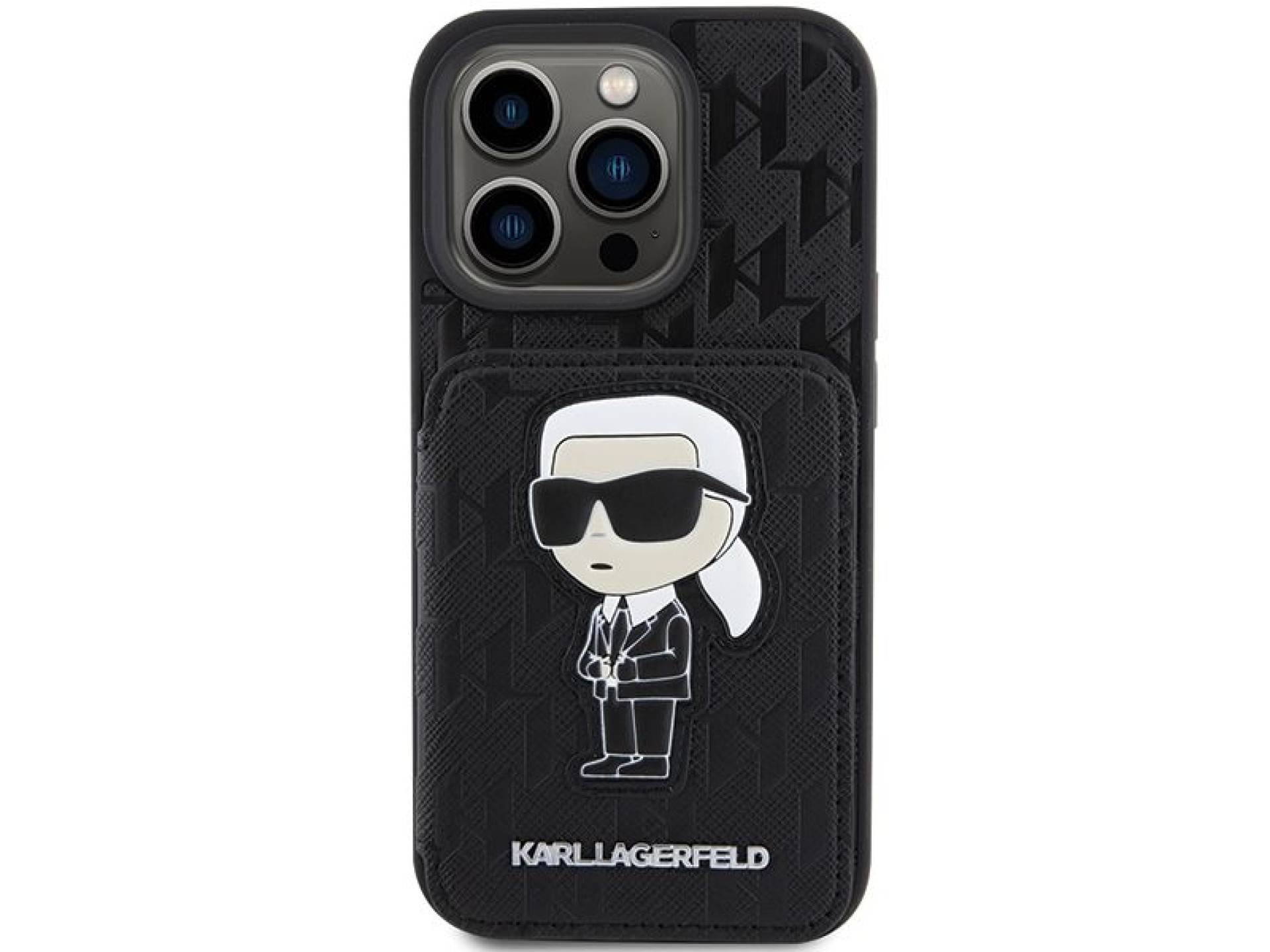 Capa Karl Lagerfeld Saffiano Cardslots and Stand Monogram Ikonik Patch para iPhone 15 Pro - preta