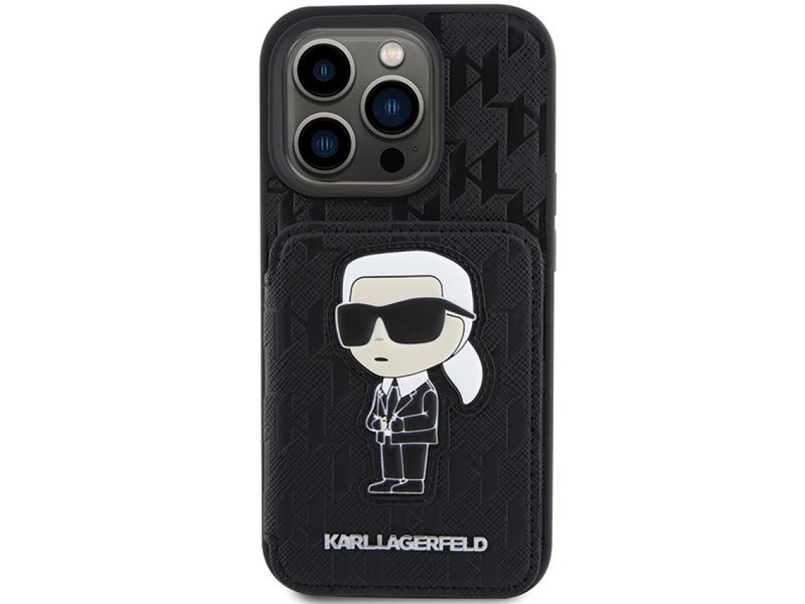 Capa Karl Lagerfeld Saffiano Cardslots and Stand Monogram Ikonik Patch para iPhone 15 Pro - preta