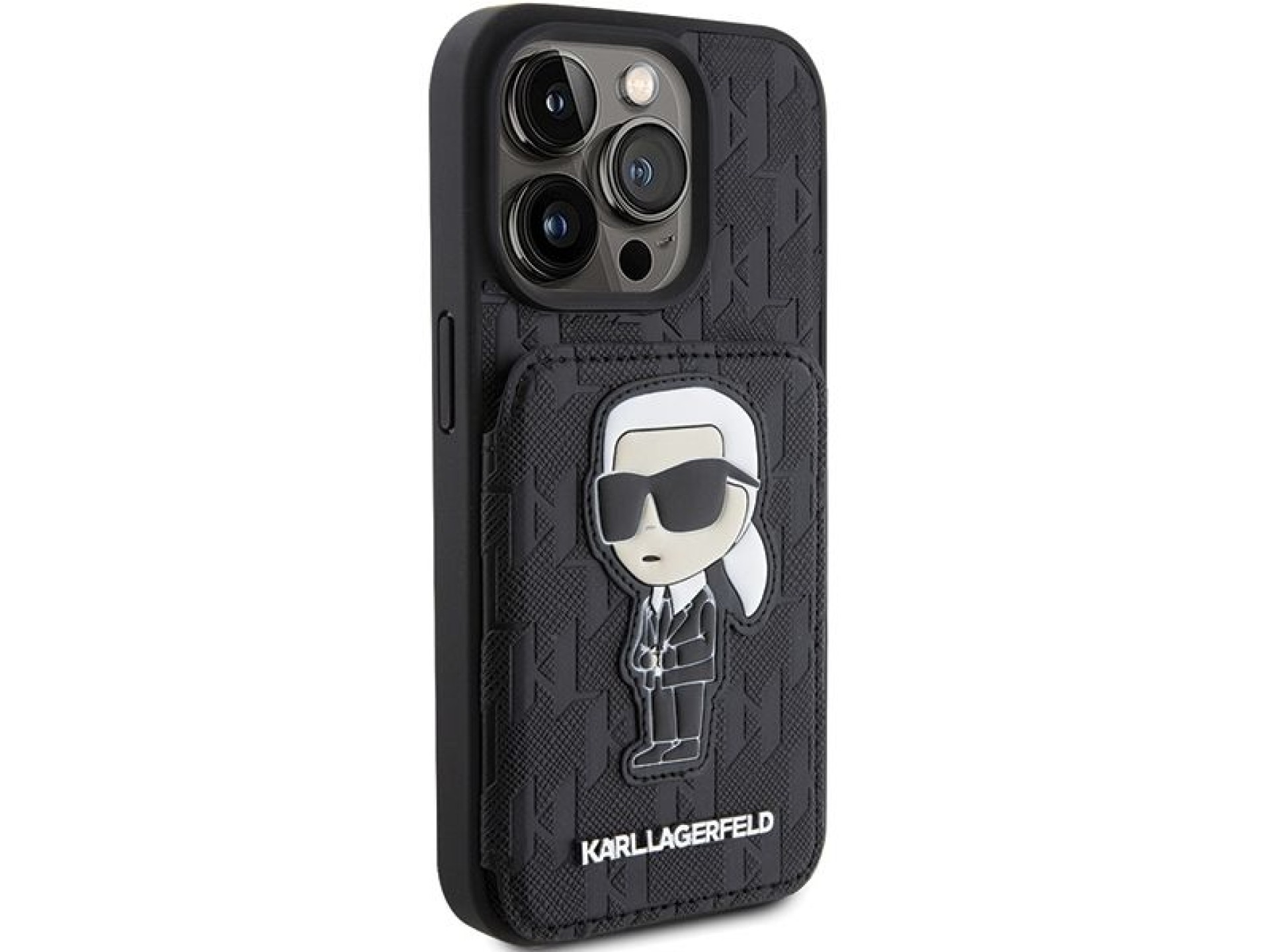 Capa Karl Lagerfeld Saffiano Cardslots and Stand Monogram Ikonik Patch para iPhone 15 Pro - preta