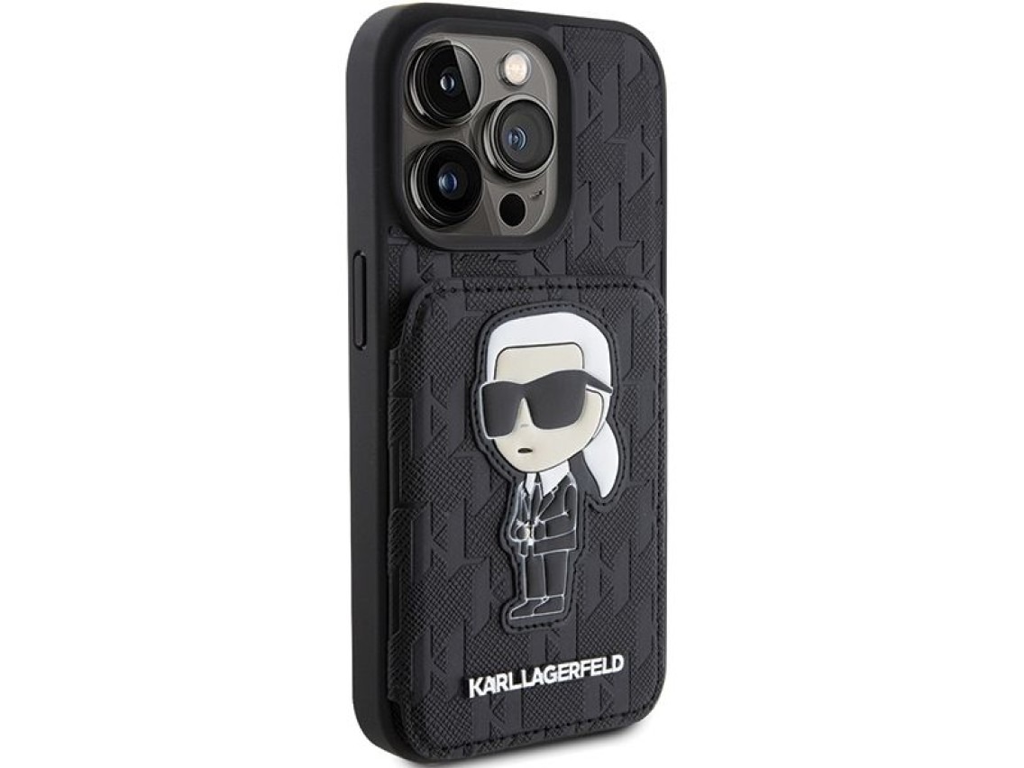 Capa Karl Lagerfeld Saffiano Cardslots and Stand Monogram Ikonik Patch para iPhone 15 Pro - preta