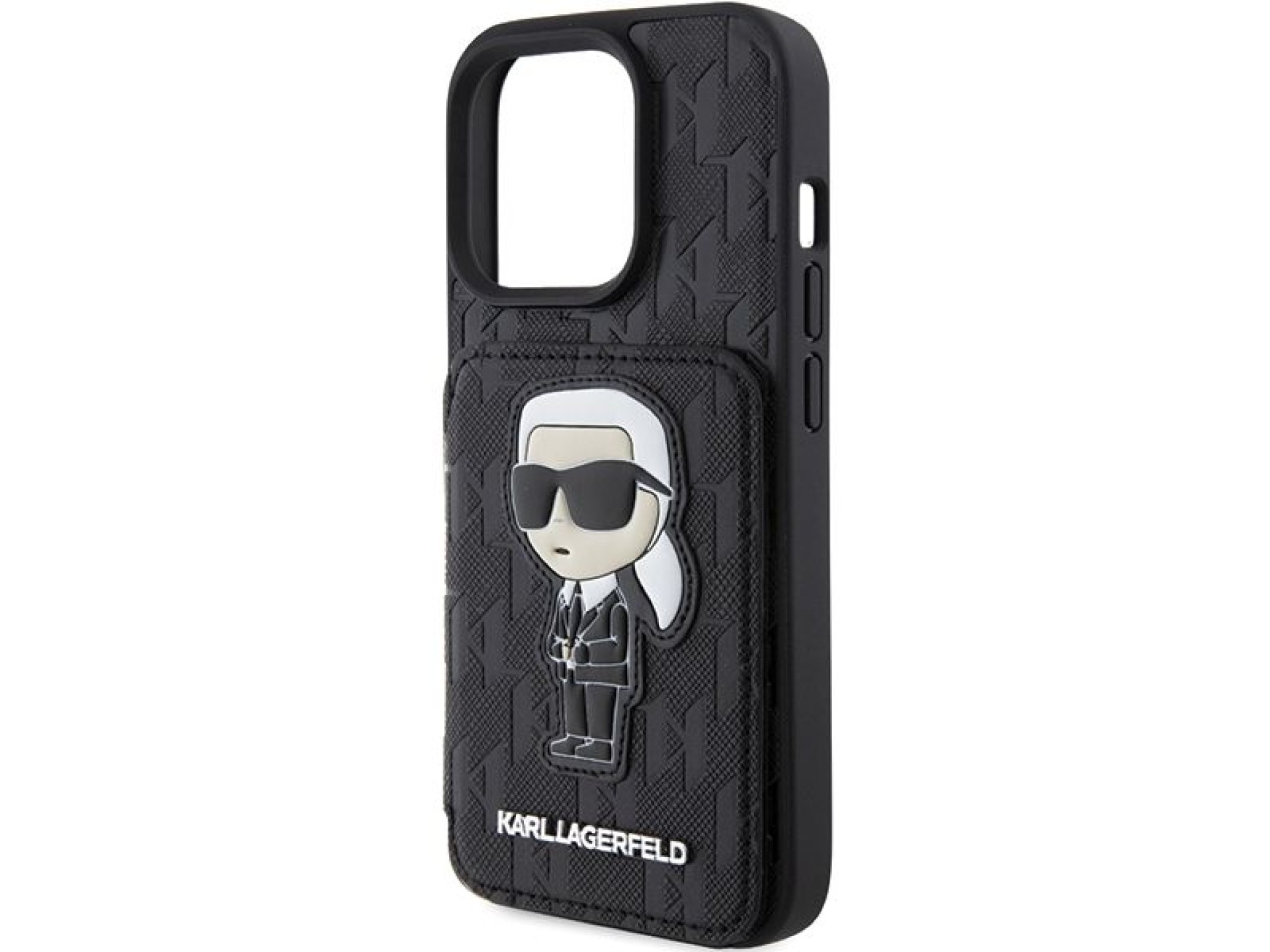 Capa Karl Lagerfeld Saffiano Cardslots and Stand Monogram Ikonik Patch para iPhone 15 Pro - preta