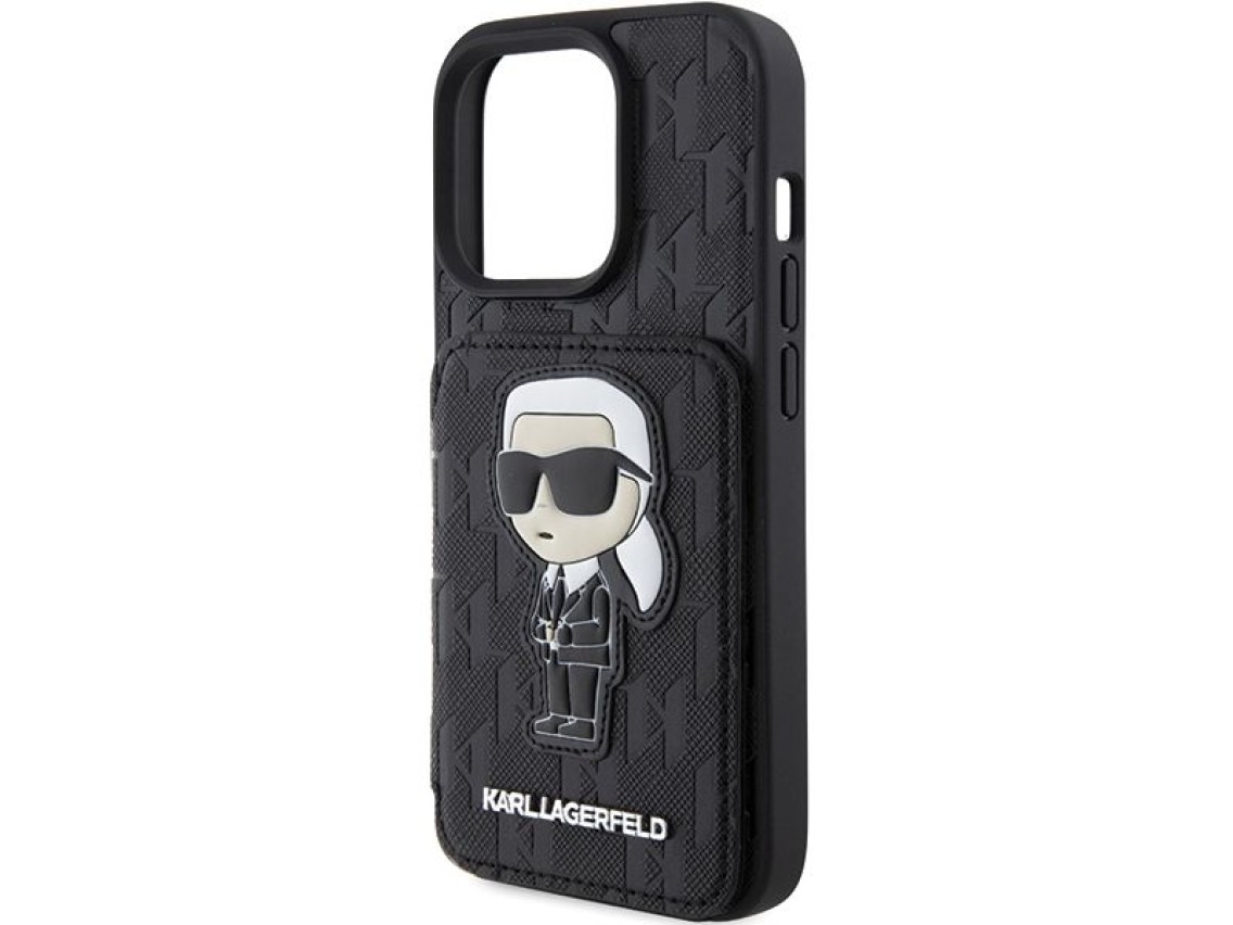 Capa Karl Lagerfeld Saffiano Cardslots and Stand Monogram Ikonik Patch para iPhone 15 Pro - preta