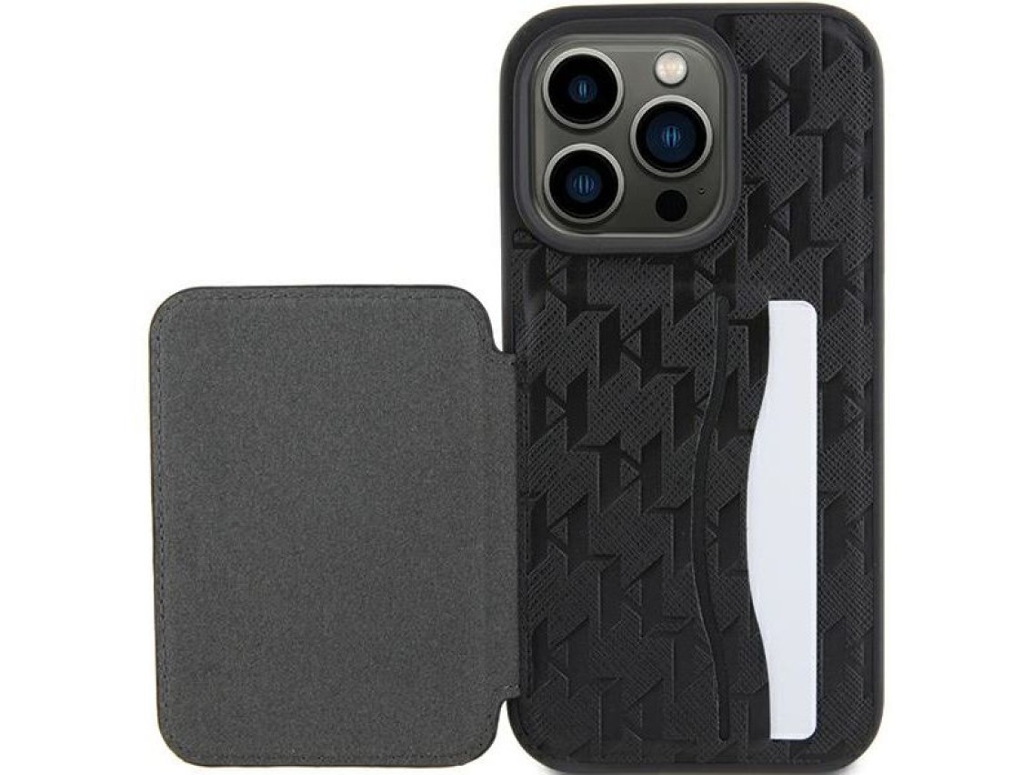 Capa Karl Lagerfeld Saffiano Cardslots and Stand Monogram Ikonik Patch para iPhone 15 Pro - preta