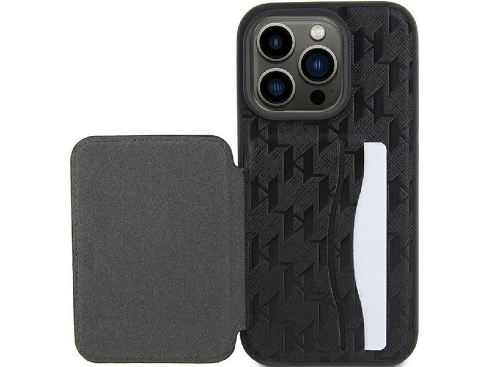 Capa Karl Lagerfeld Saffiano Cardslots and Stand Monogram Ikonik Patch para iPhone 15 Pro - preta