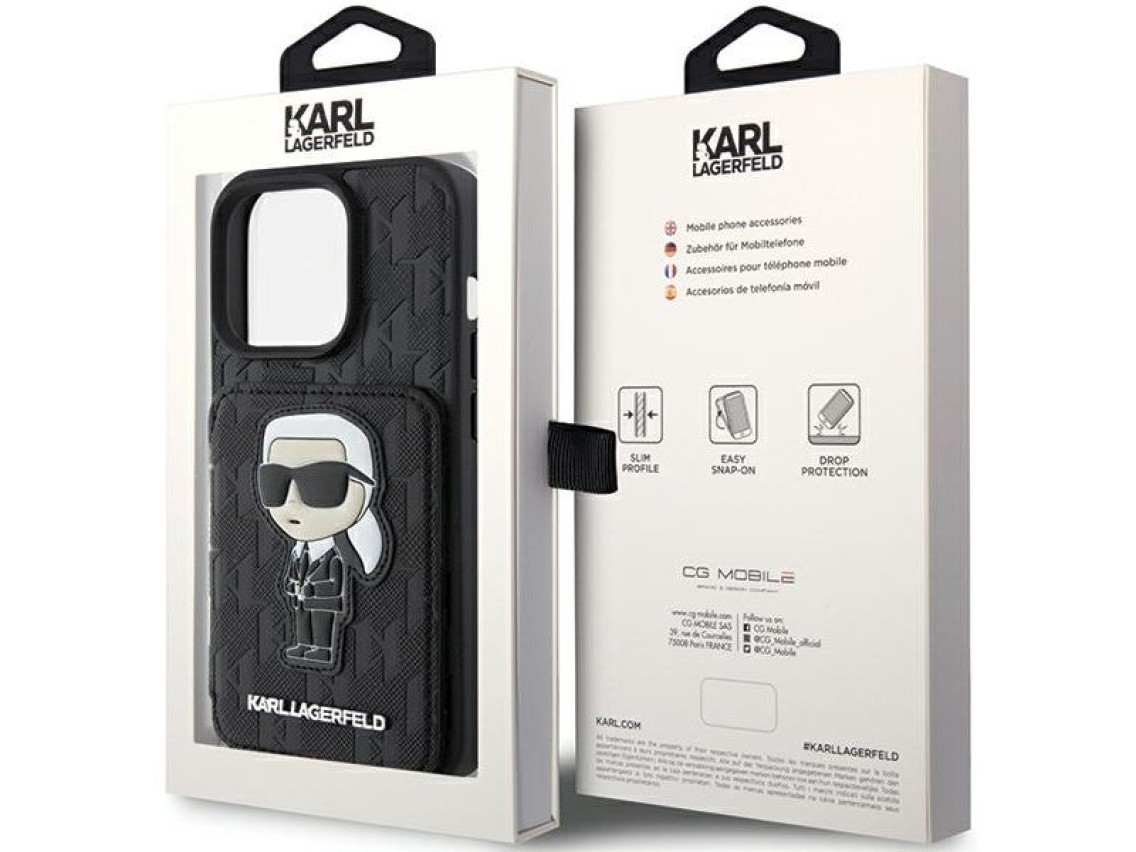 Capa Karl Lagerfeld Saffiano Cardslots and Stand Monogram Ikonik Patch para iPhone 15 Pro - preta
