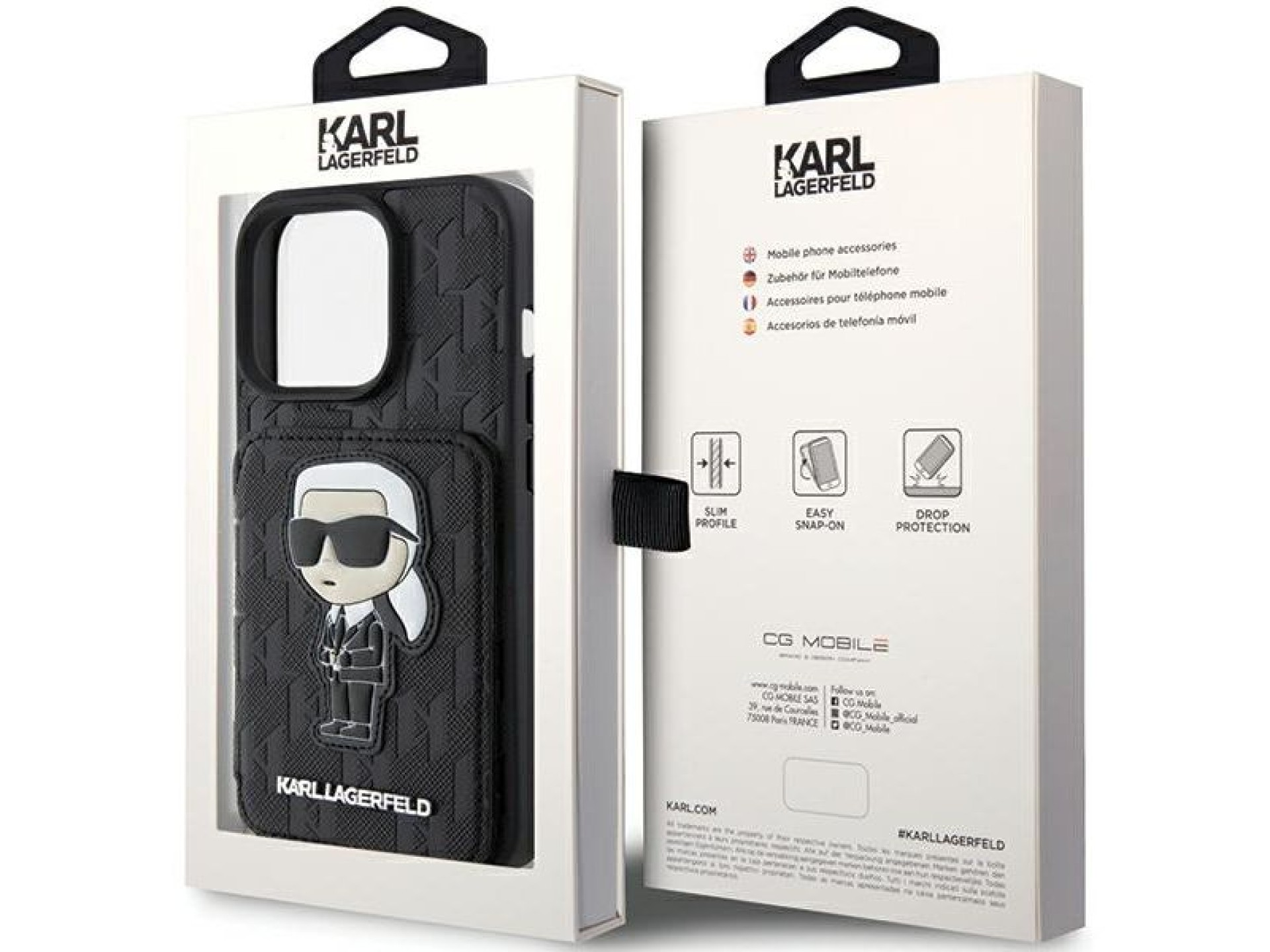 Capa Karl Lagerfeld Saffiano Cardslots and Stand Monogram Ikonik Patch para iPhone 15 Pro - preta