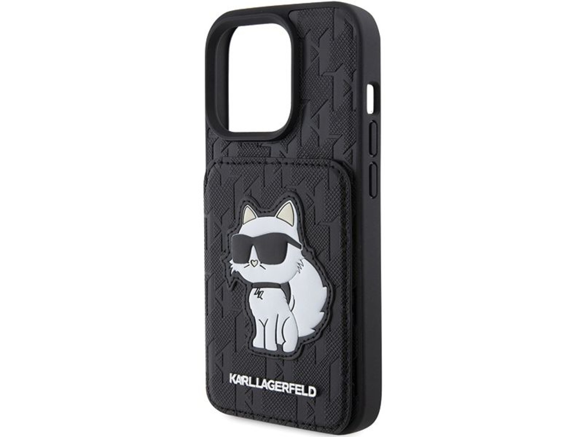 Capa Karl Lagerfeld Saffiano com compartimentos para cartões e suporte Monogram Choupette para iPhon