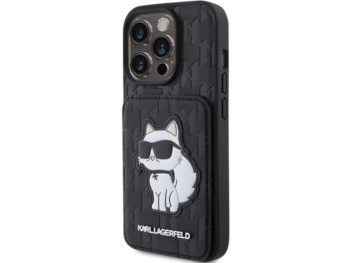 Capa Karl Lagerfeld Saffiano com compartimentos para cartões e suporte Monogram Choupette para iPhon