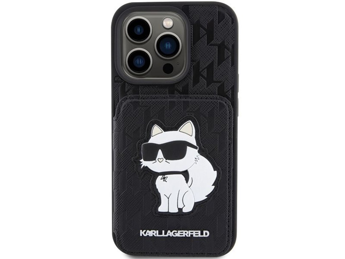 Capa Karl Lagerfeld Saffiano com compartimentos para cartões e suporte Monogram Choupette para iPhon