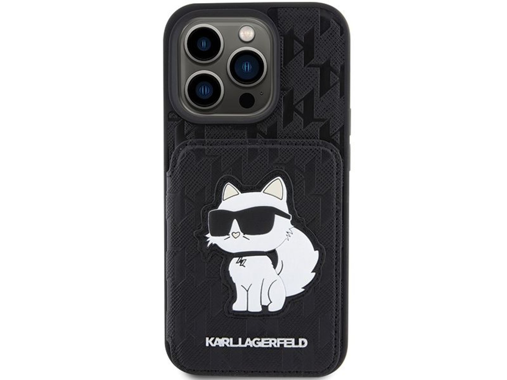 Capa Karl Lagerfeld Saffiano com compartimentos para cartões e suporte Monogram Choupette para iPhon