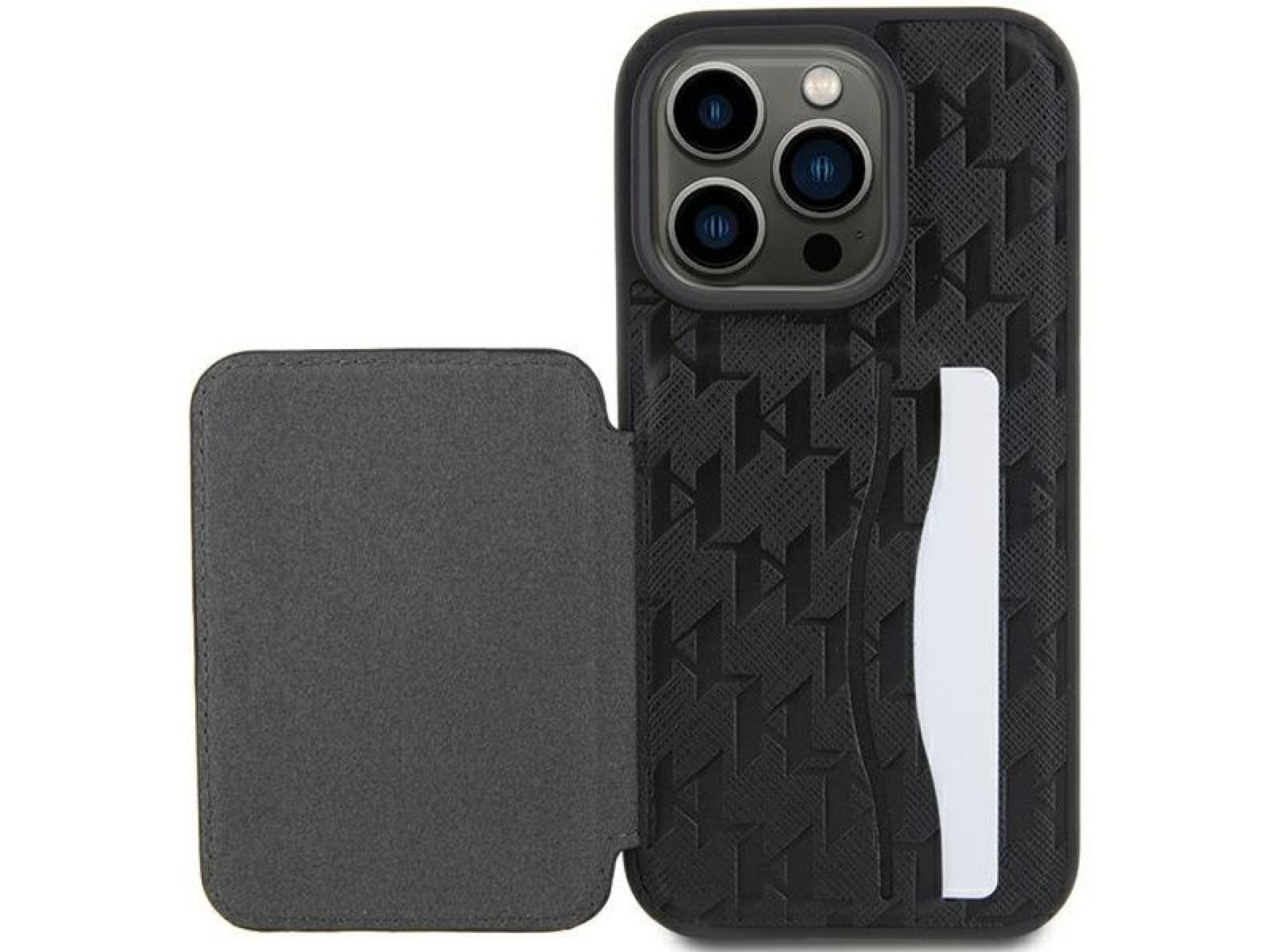 Capa Karl Lagerfeld Saffiano com compartimentos para cartões e suporte Monogram Choupette para iPhon