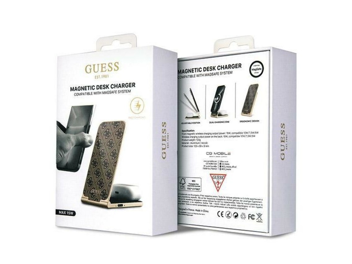 Guess 4G Pattern MagSafe foldable 2in1 15W inductive charger - brown