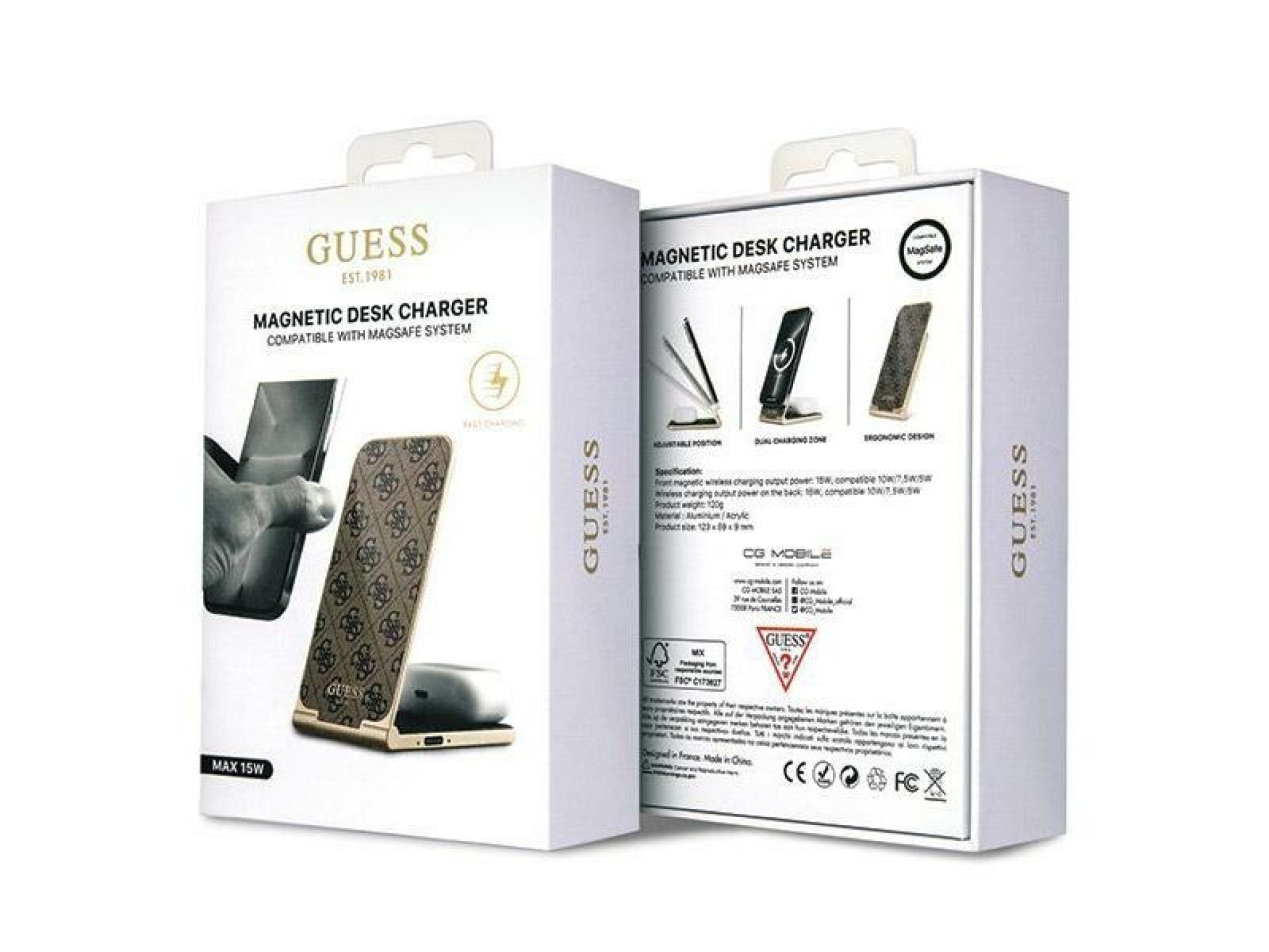 Guess 4G Pattern MagSafe foldable 2in1 15W inductive charger - brown