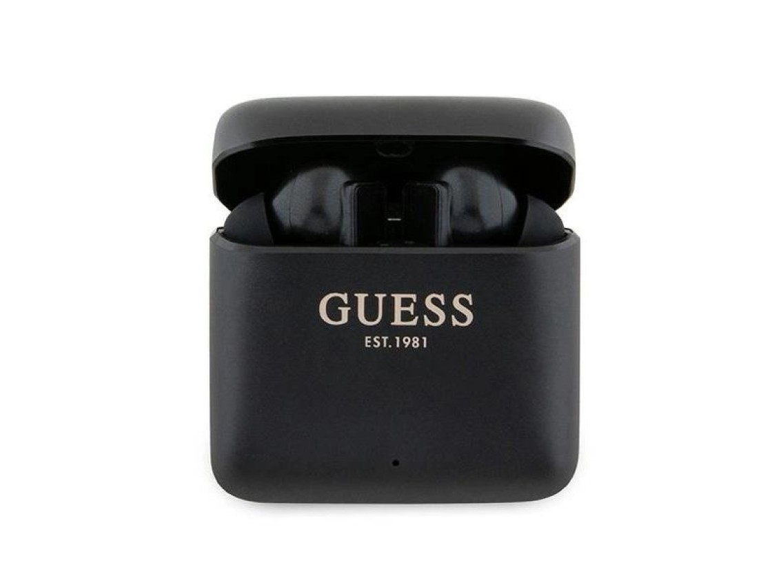 Fones de ouvido Bluetooth Guess GUTWSSU20ALEGK TWS + base de carregamento preto/preto com logotipo i