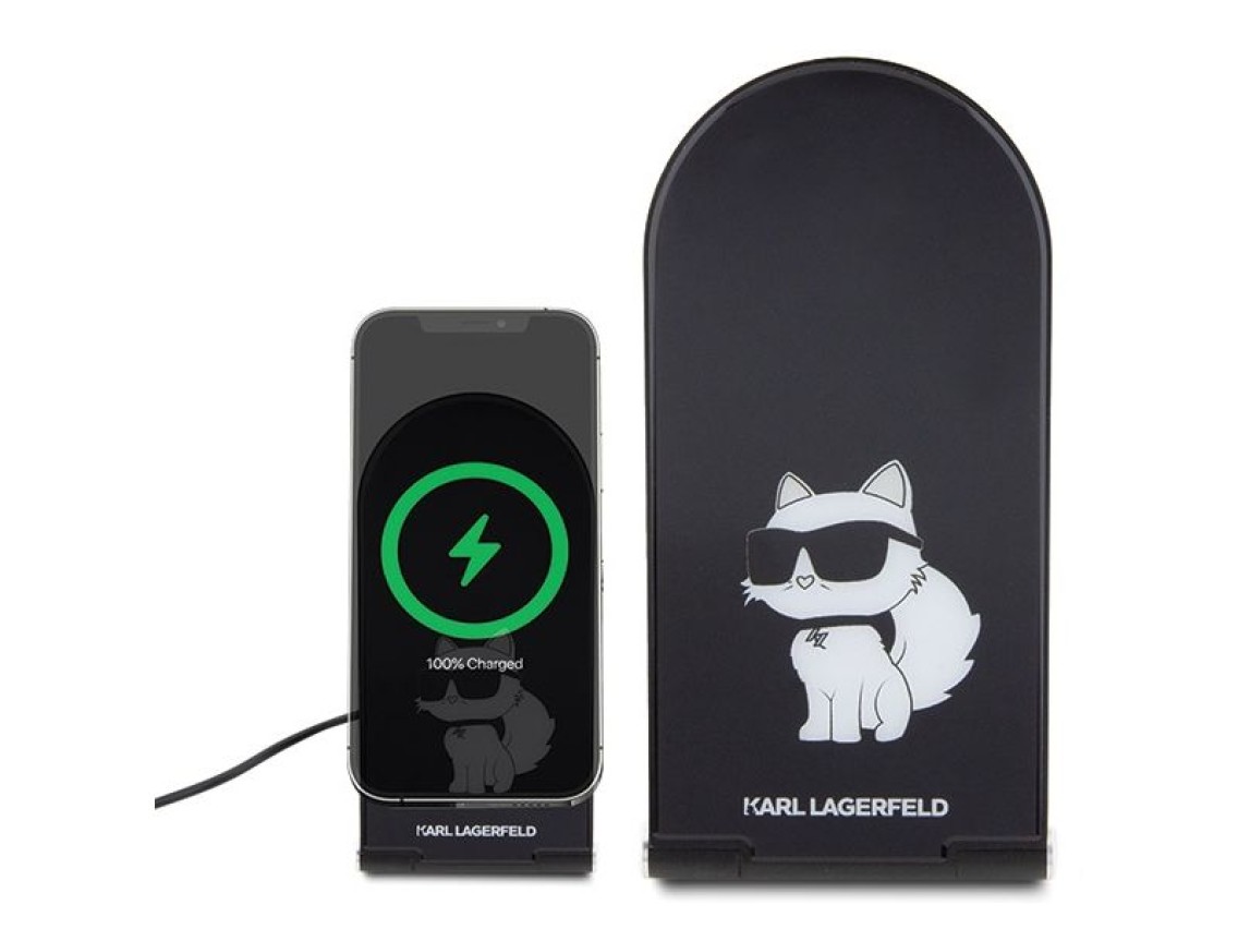 Carregador de indução MagSafe Karl Lagerfeld Choupette 15W, dobrável 2 em 1 - preto